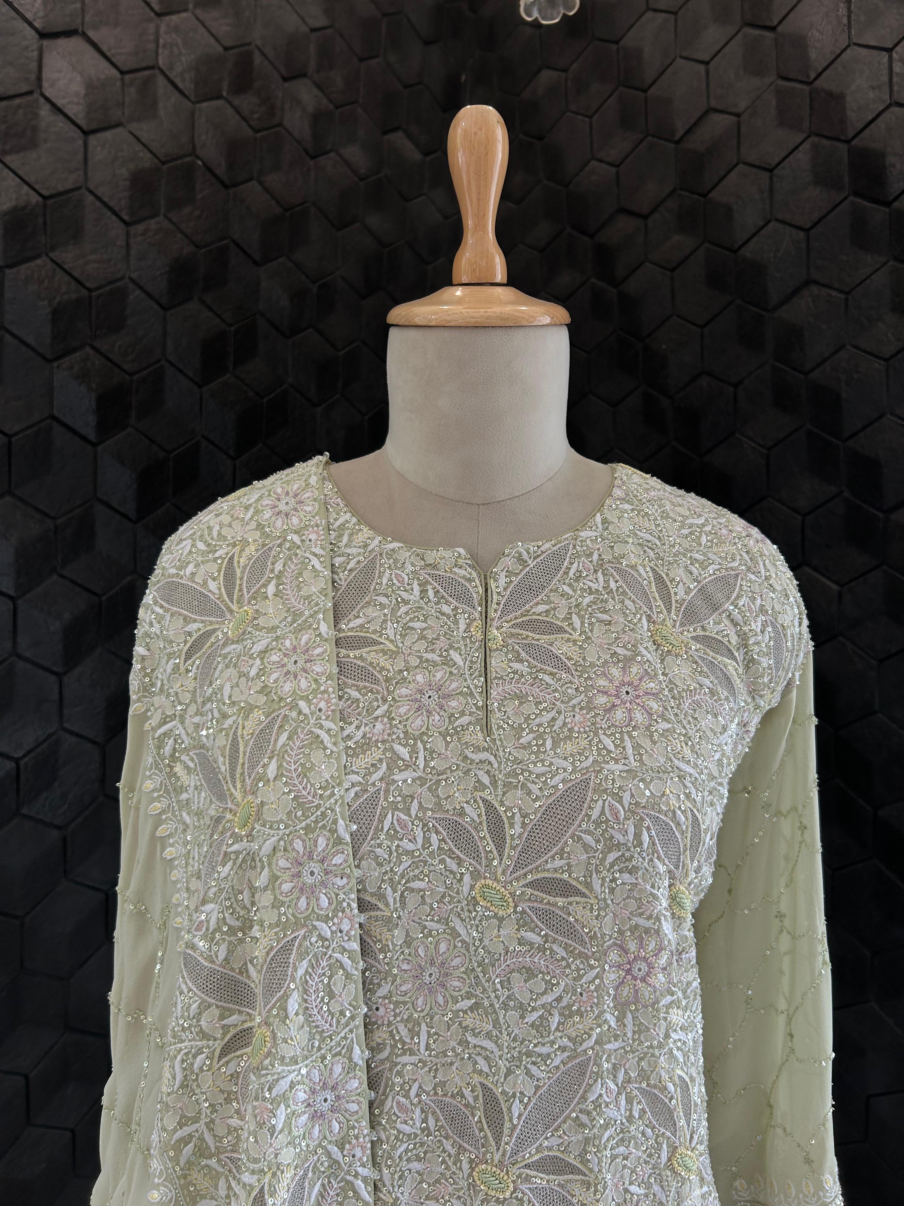 Ek-taar Chikankari green georgette Kurta Set