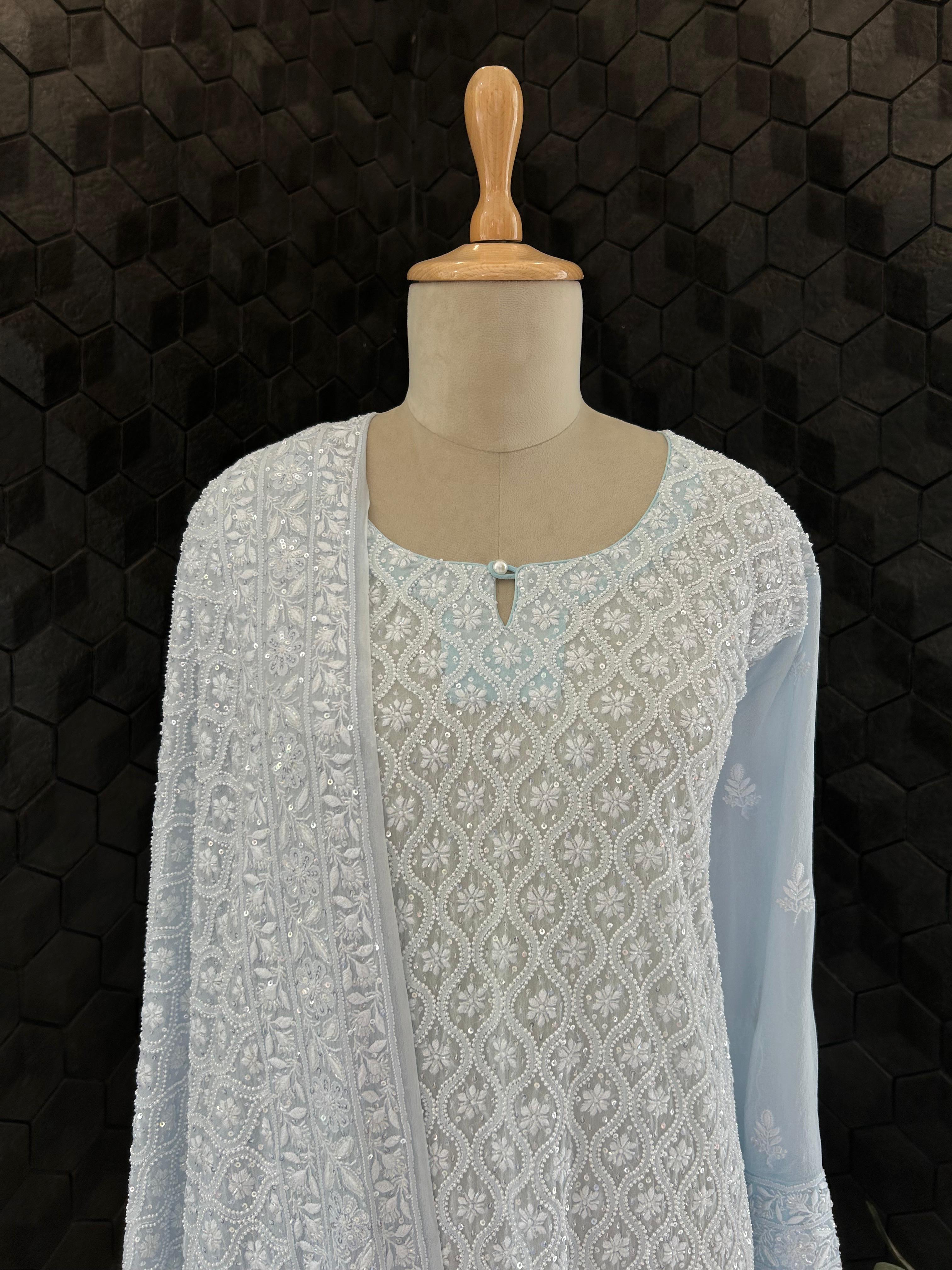 Blue Ek-taar Georgette Chikankari Kurta Set