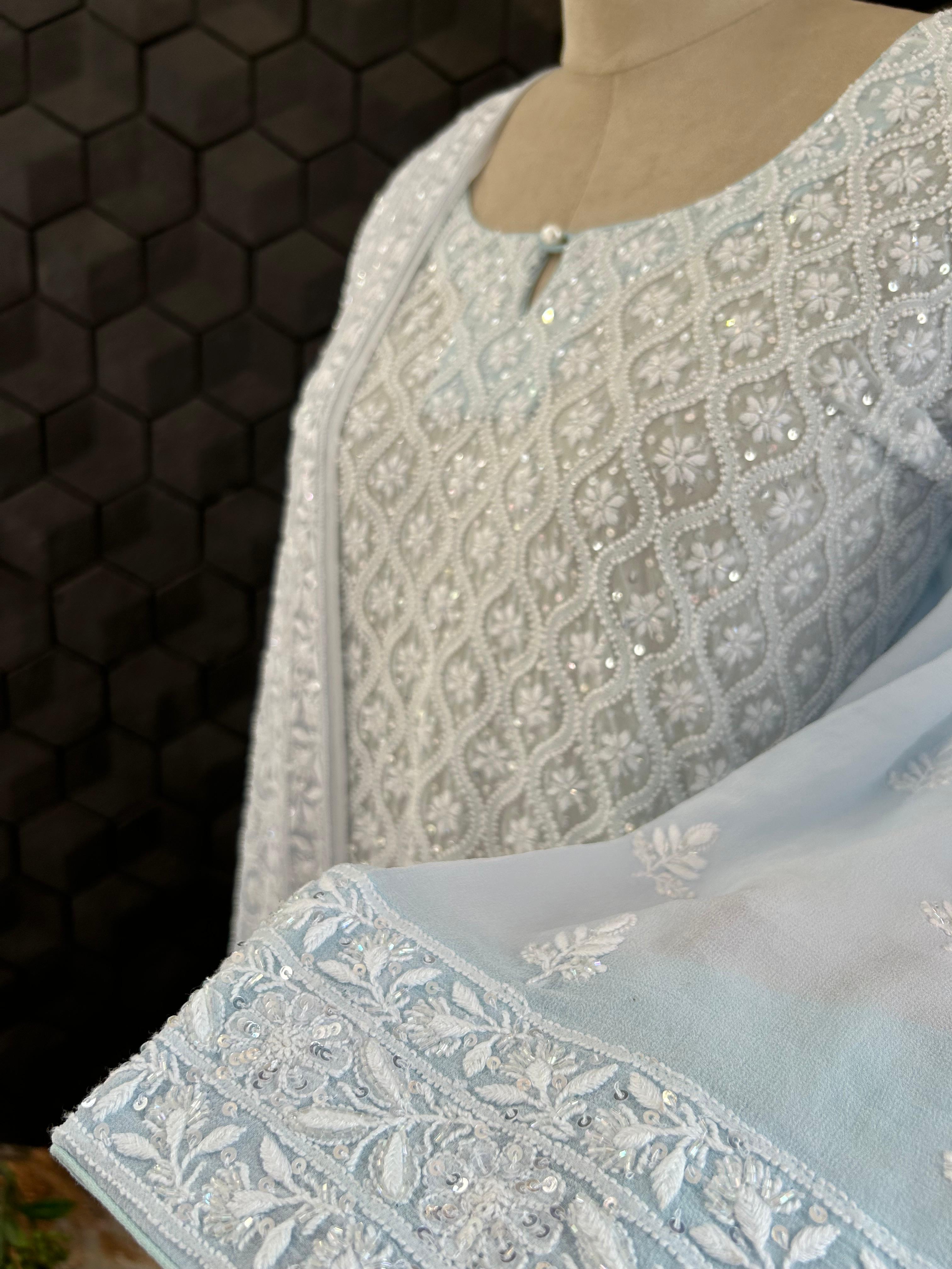 Blue Ek-taar Georgette Chikankari Kurta Set