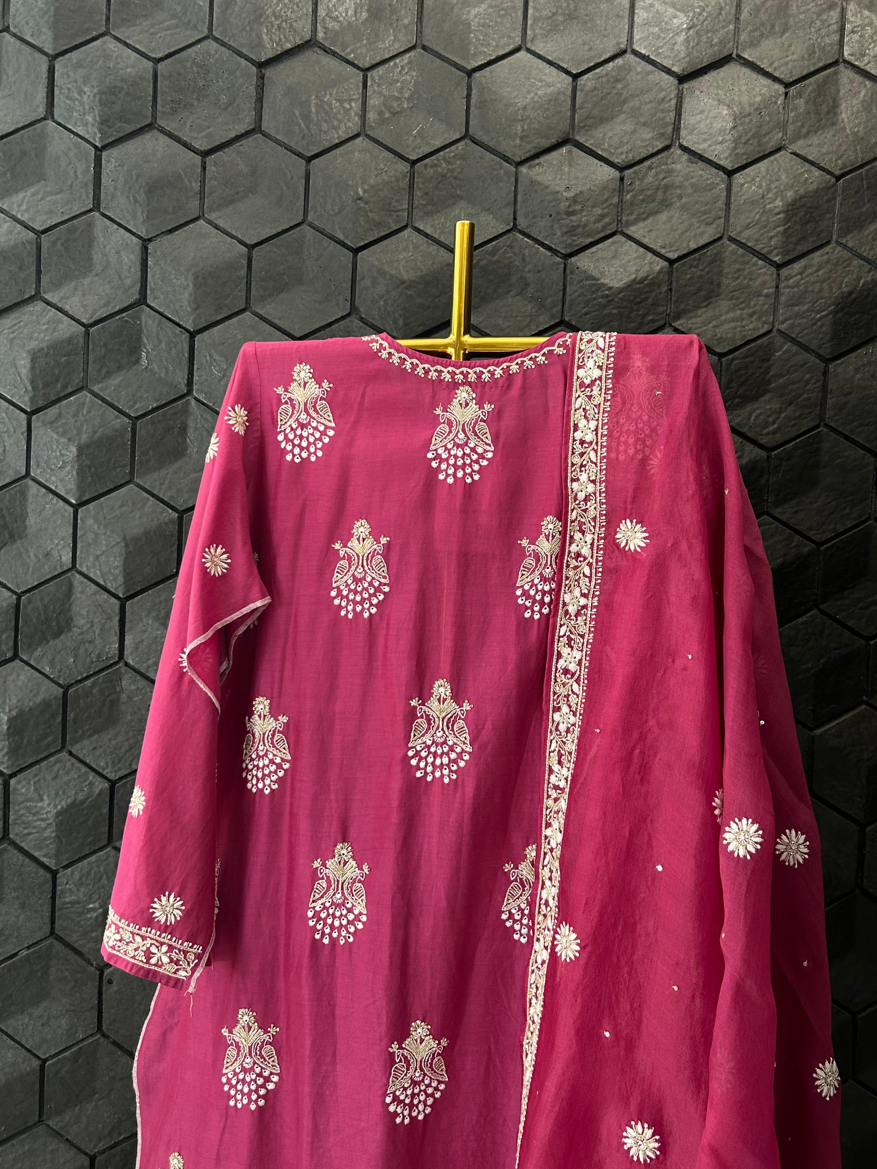 Magenta Chanderi Chikankari Kurta Set