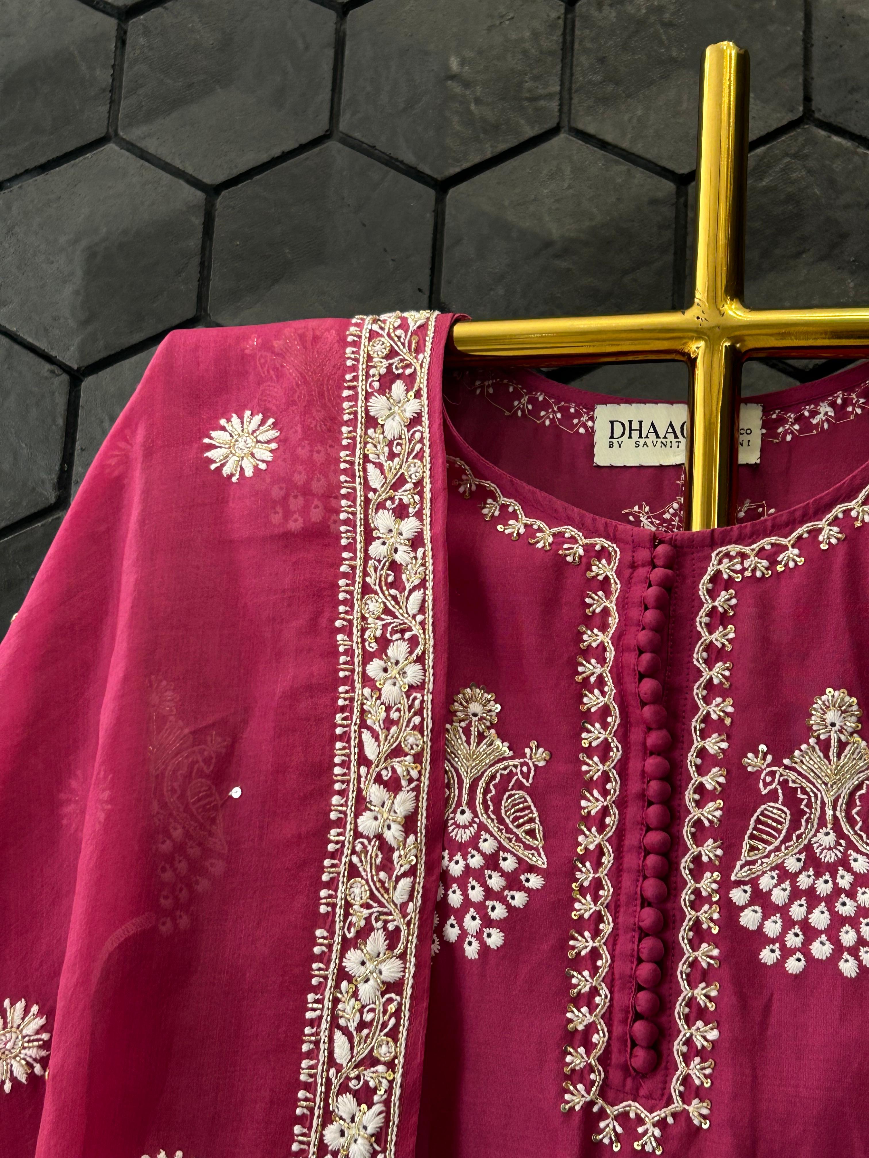 Magenta Chanderi Chikankari Kurta Set