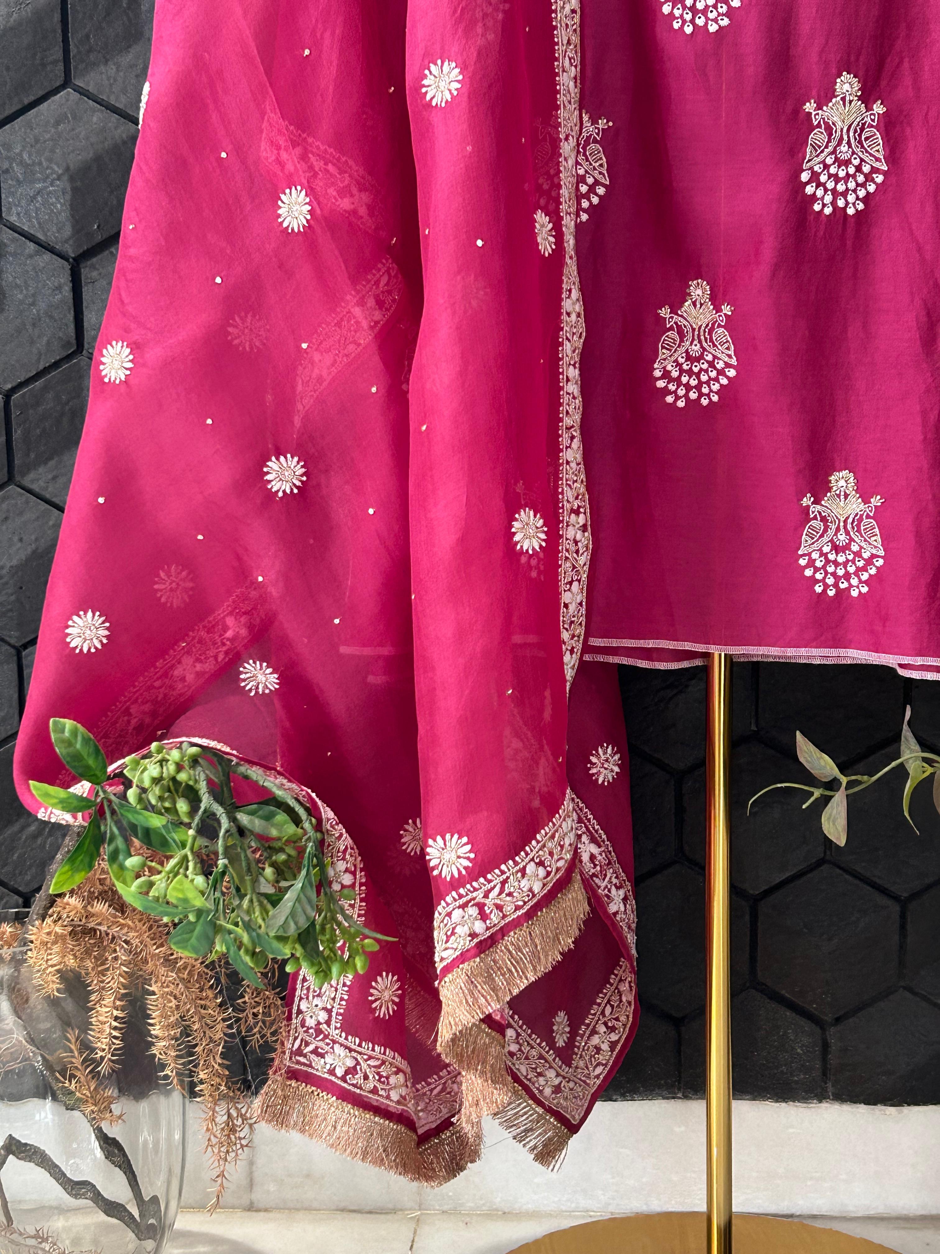 Magenta Chanderi Chikankari Kurta Set