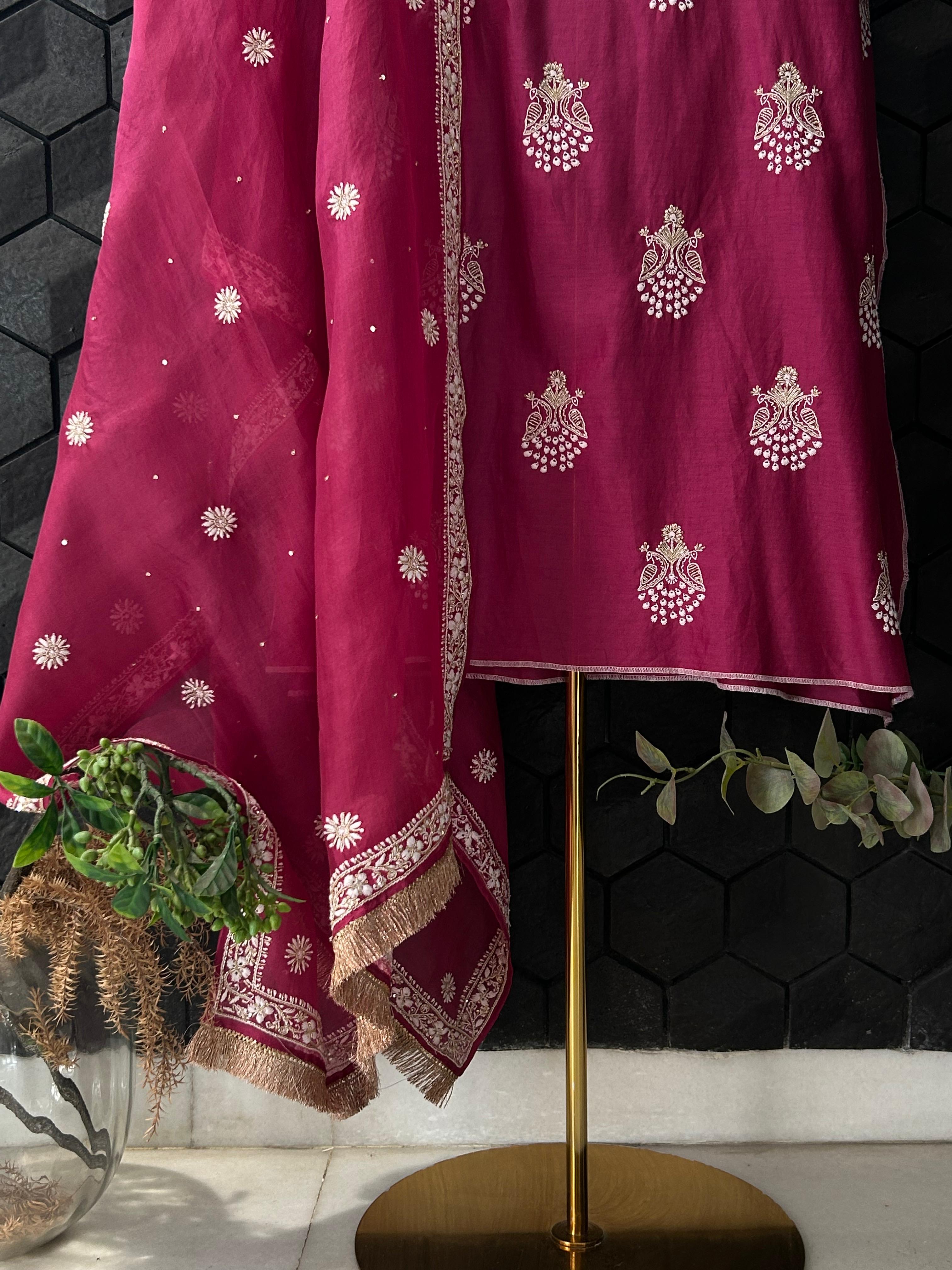 Magenta Chanderi Chikankari Kurta Set