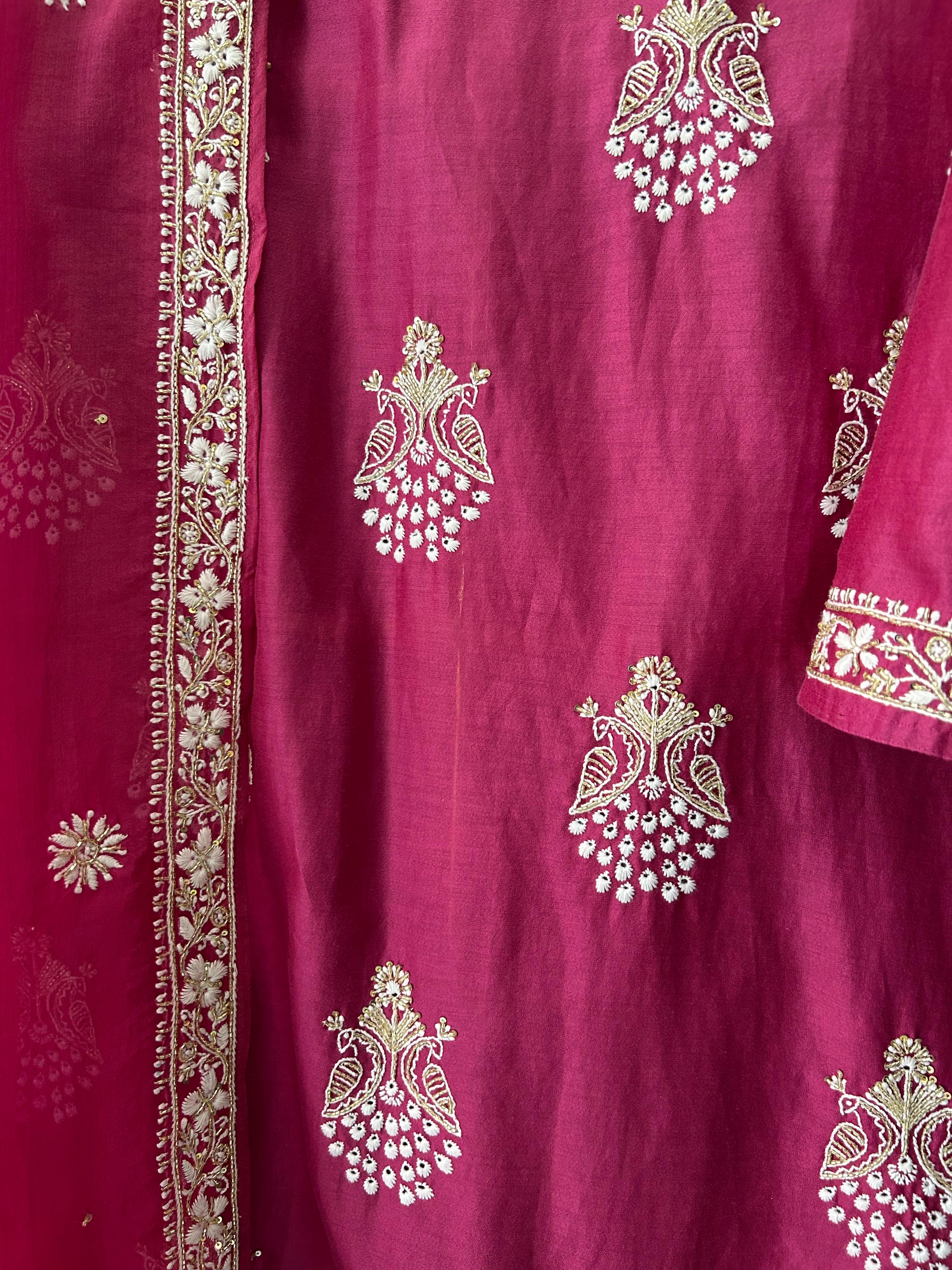 Magenta Chanderi Chikankari Kurta Set