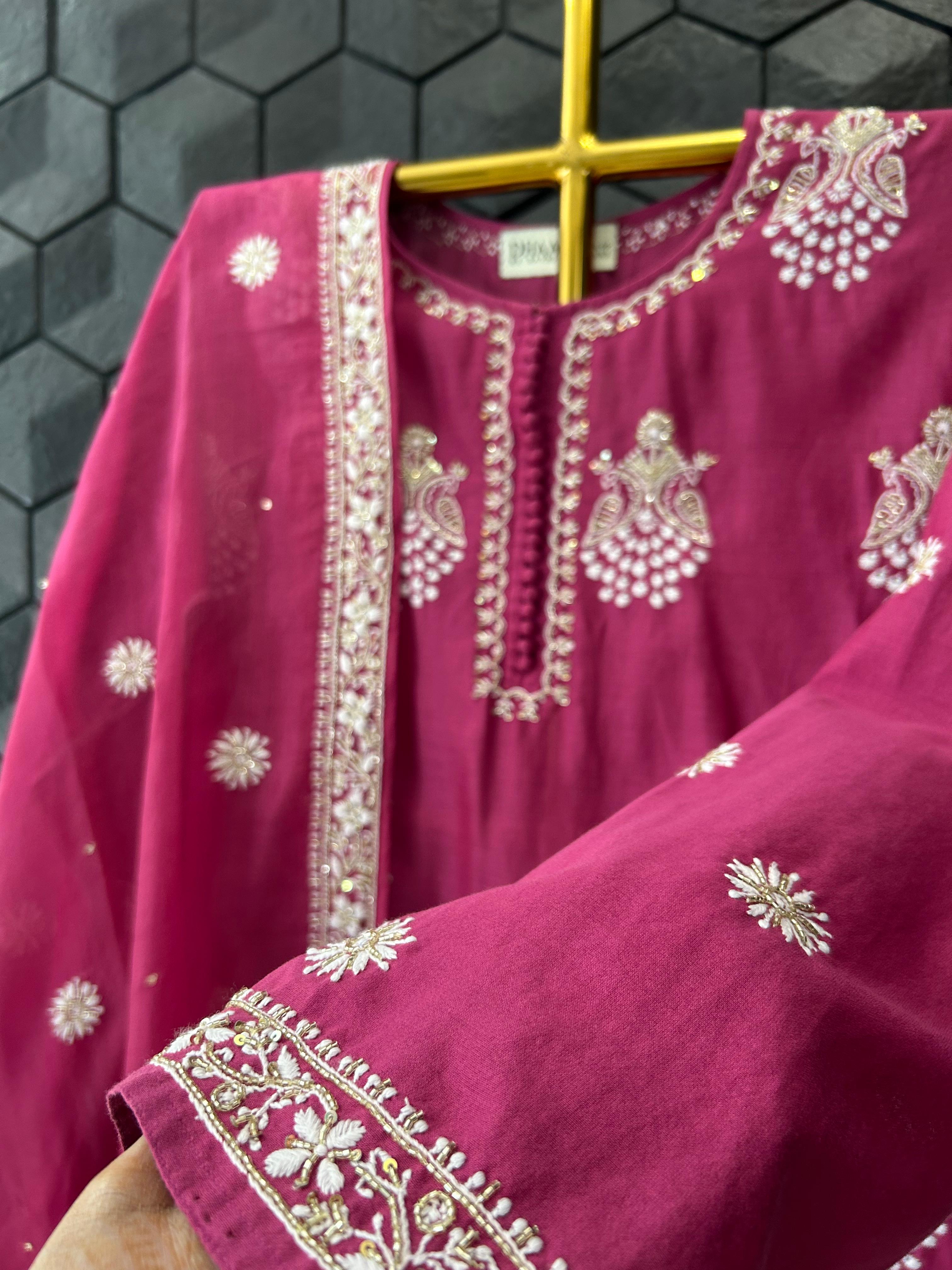 Magenta Chanderi Chikankari Kurta Set