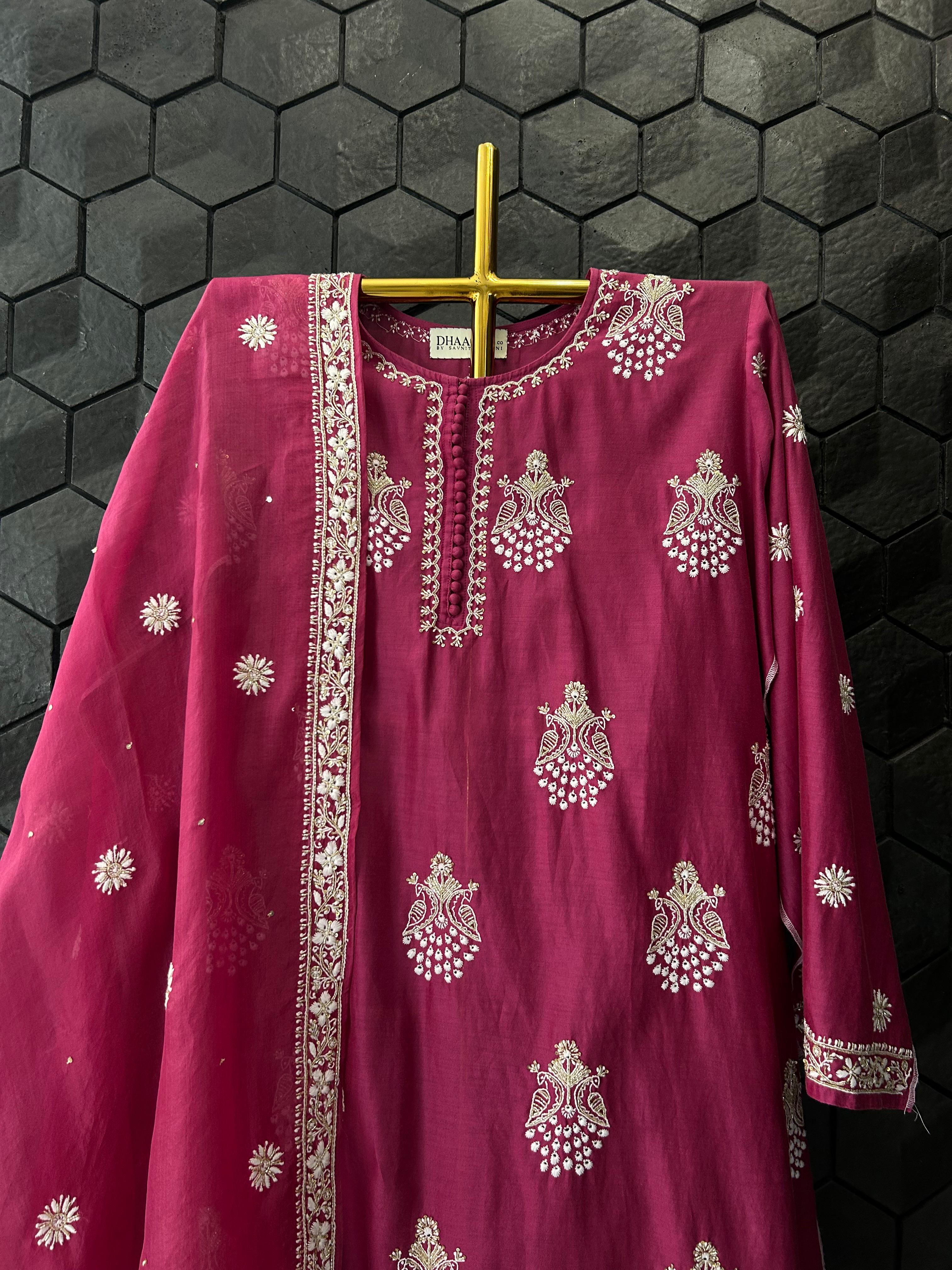 Magenta Chanderi Chikankari Kurta Set