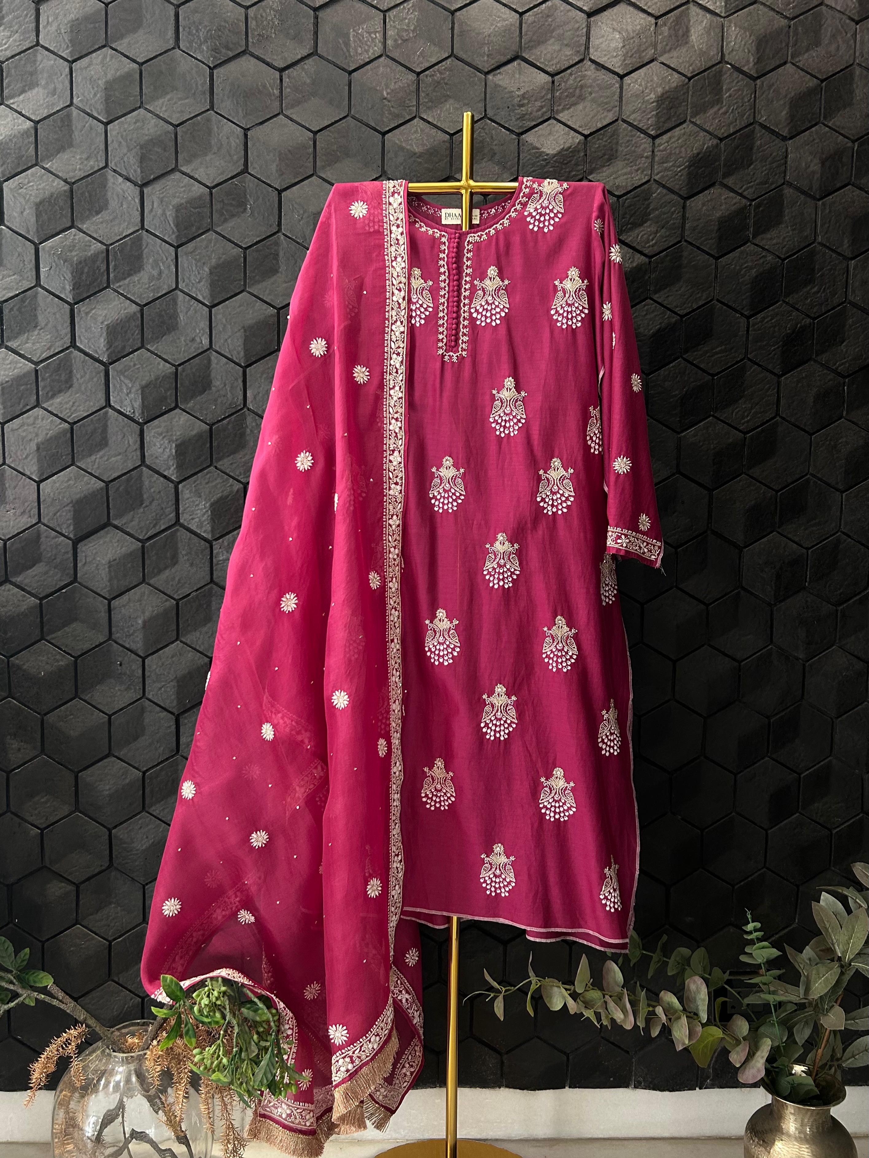 Magenta Chanderi Chikankari Kurta Set