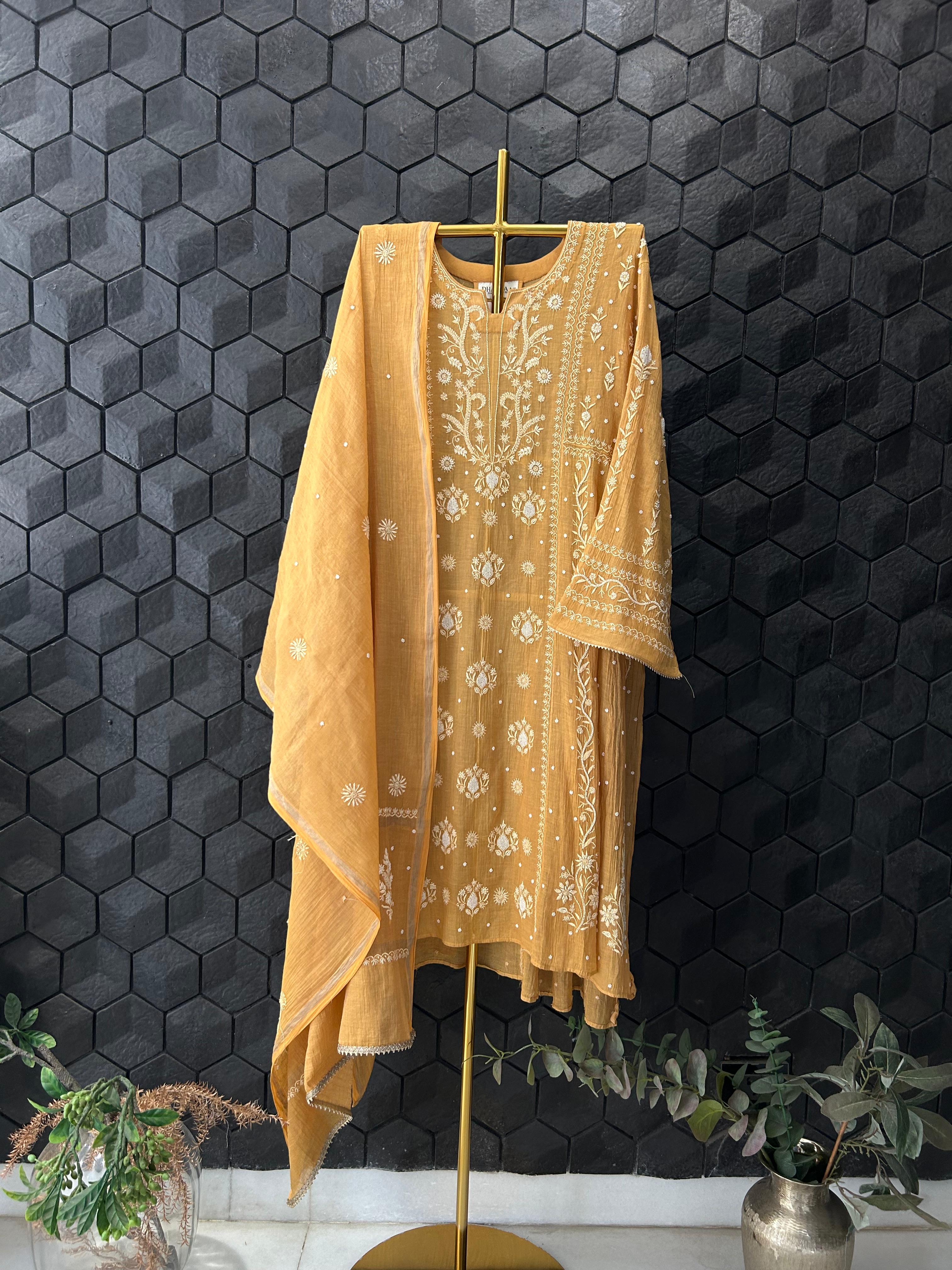 Mustard Tissue Chikankari Anarkali Set