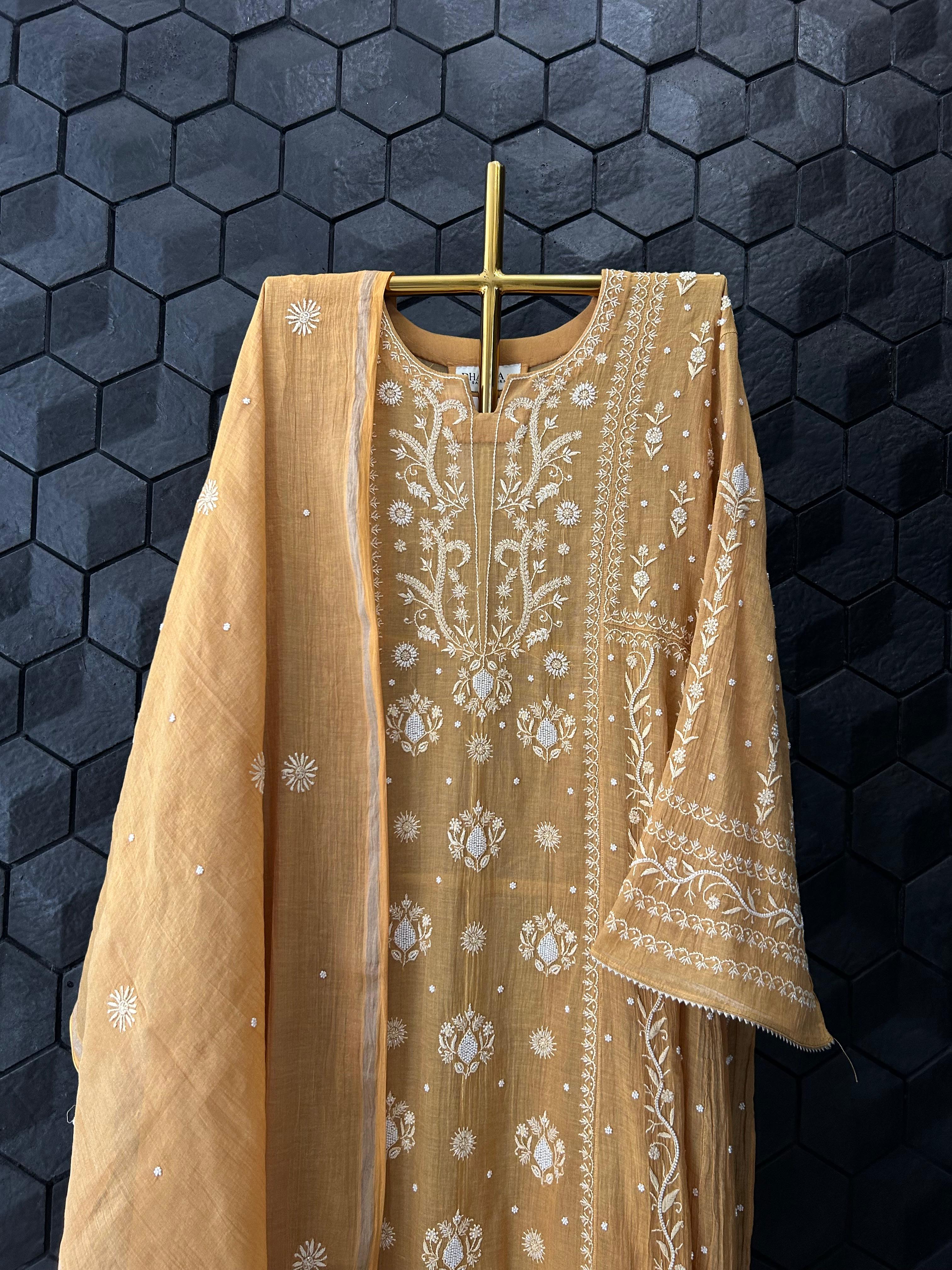 Mustard Tissue Chikankari Anarkali Set