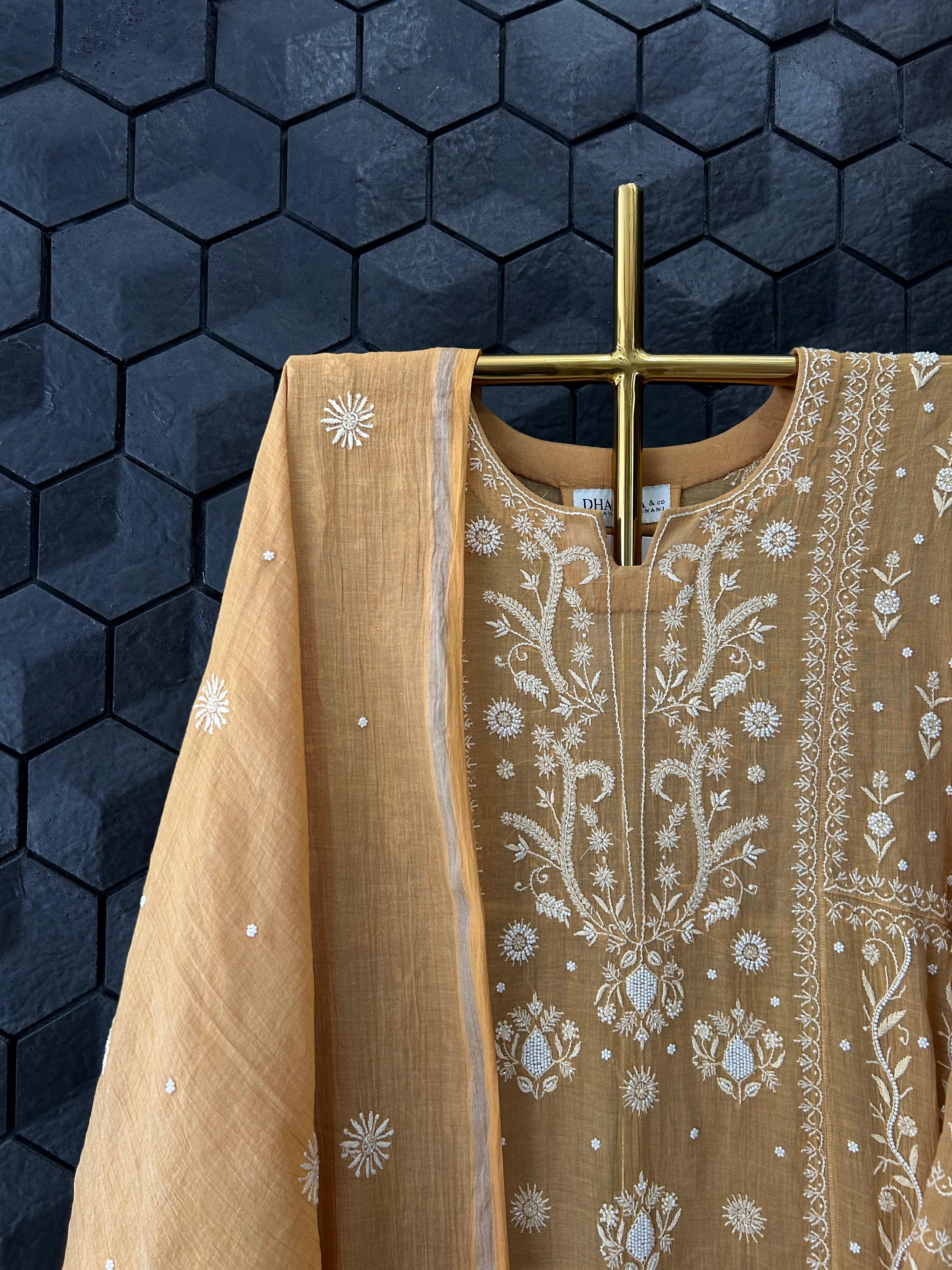 Mustard Tissue Chikankari Anarkali Set