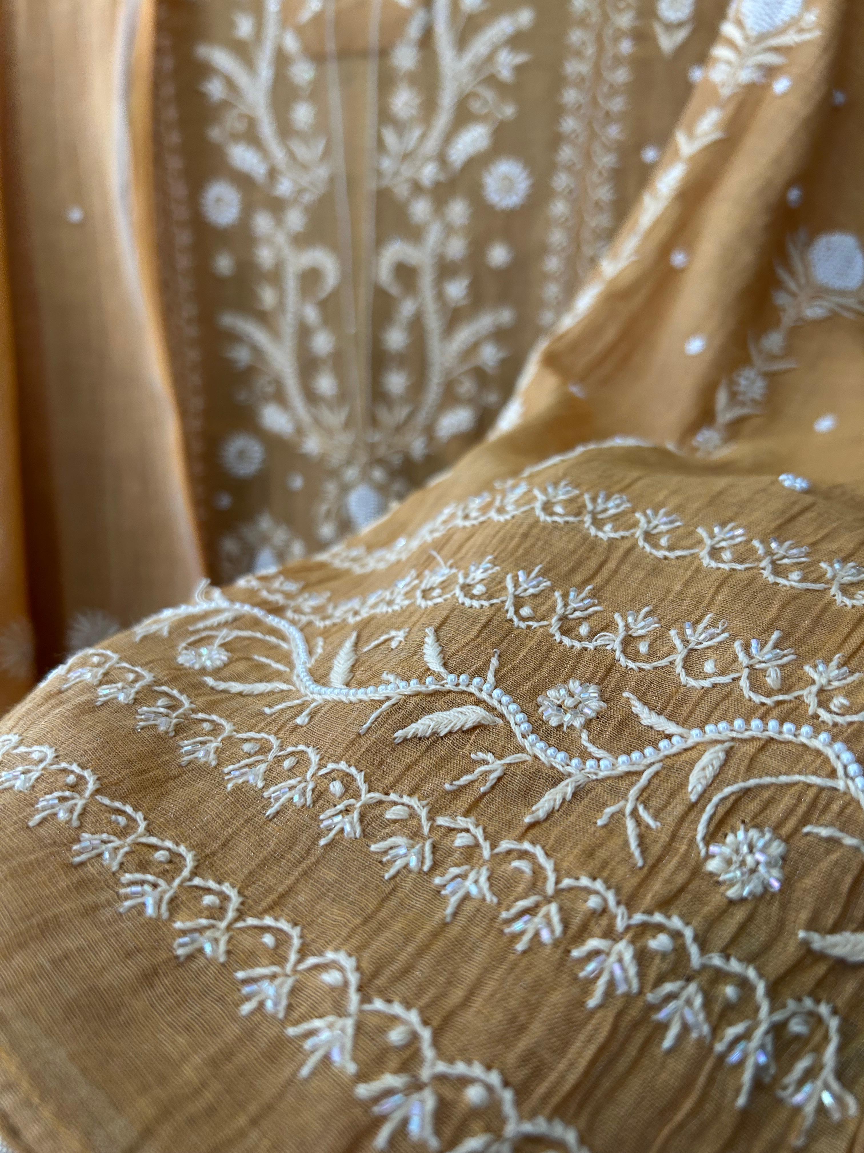 Mustard Tissue Chikankari Anarkali Set