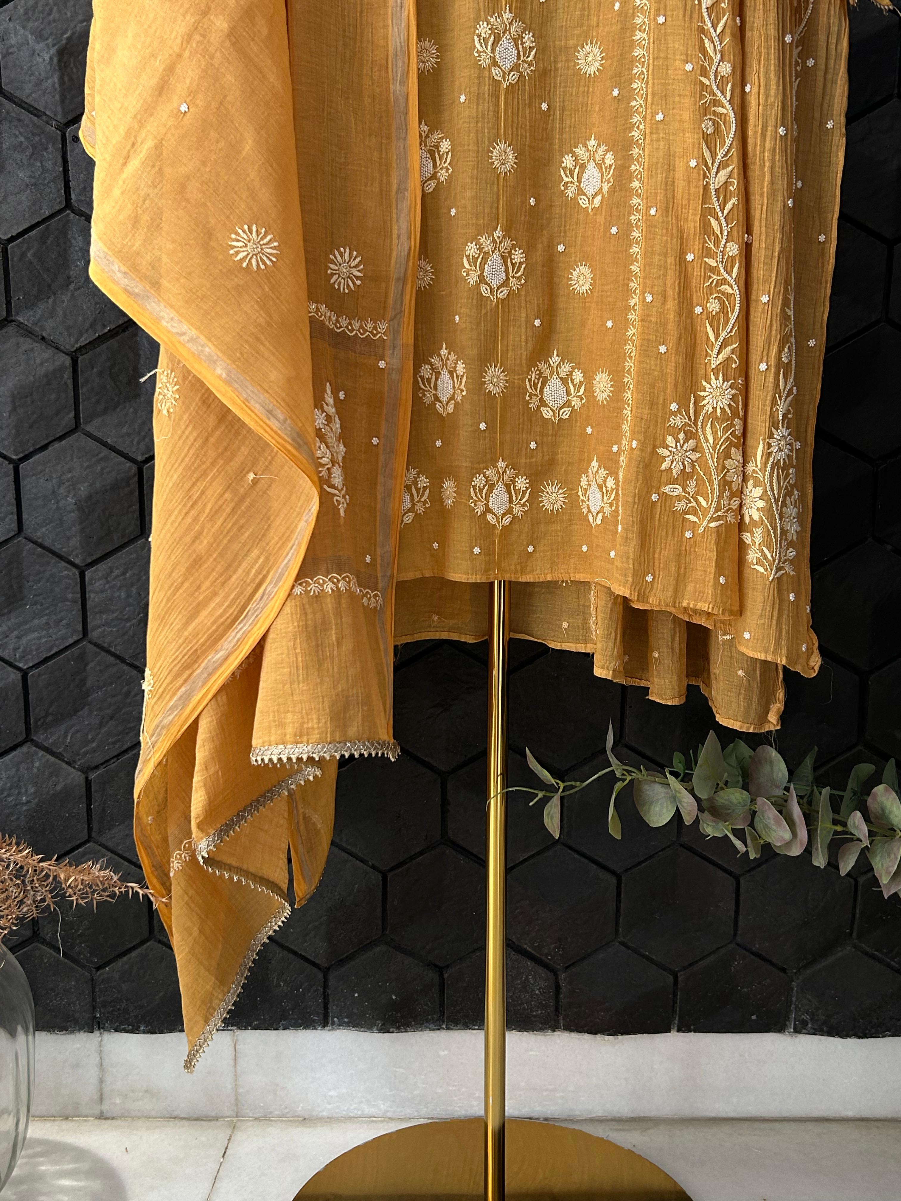 Mustard Tissue Chikankari Anarkali Set