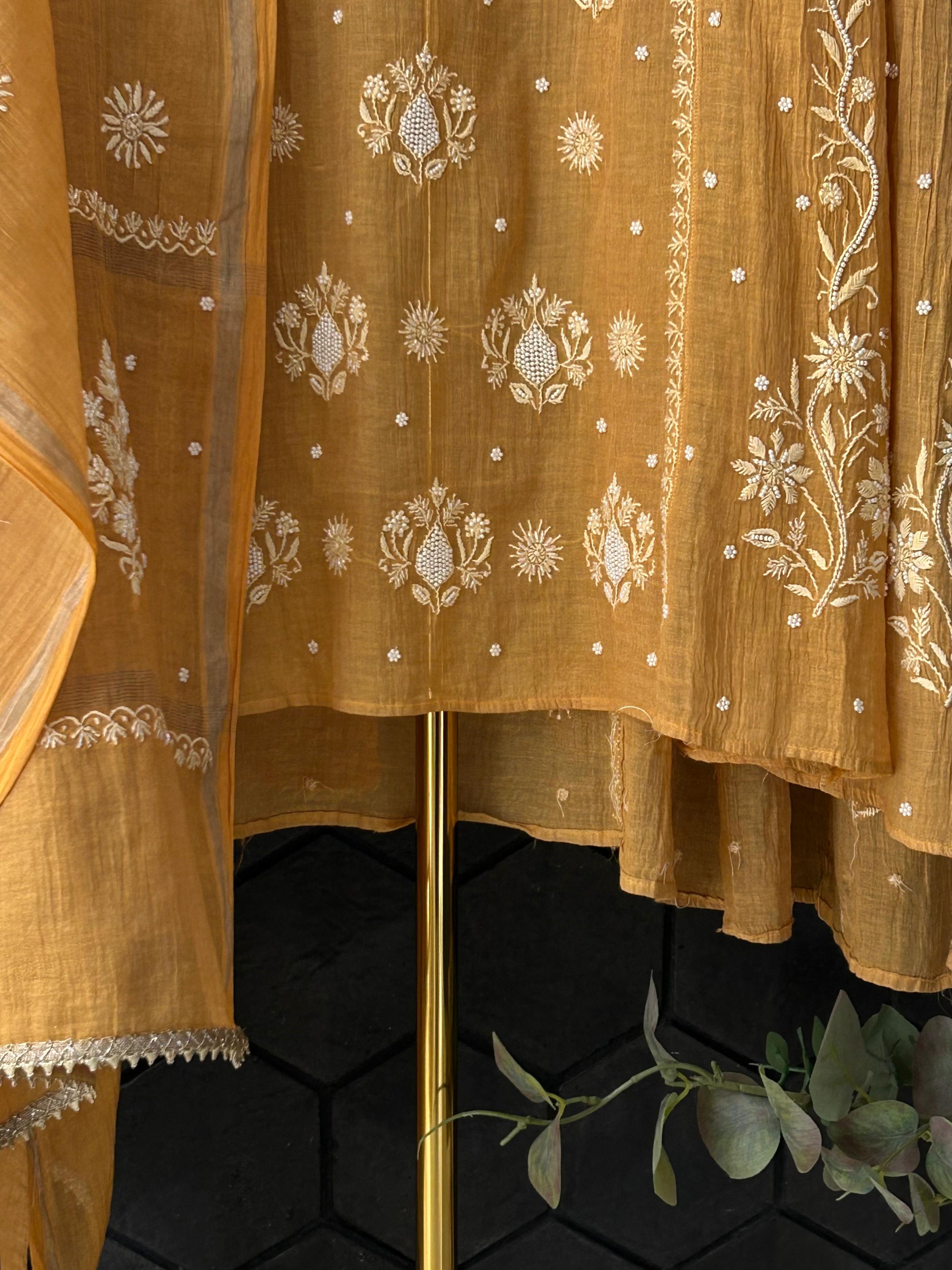 Mustard Tissue Chikankari Anarkali Set