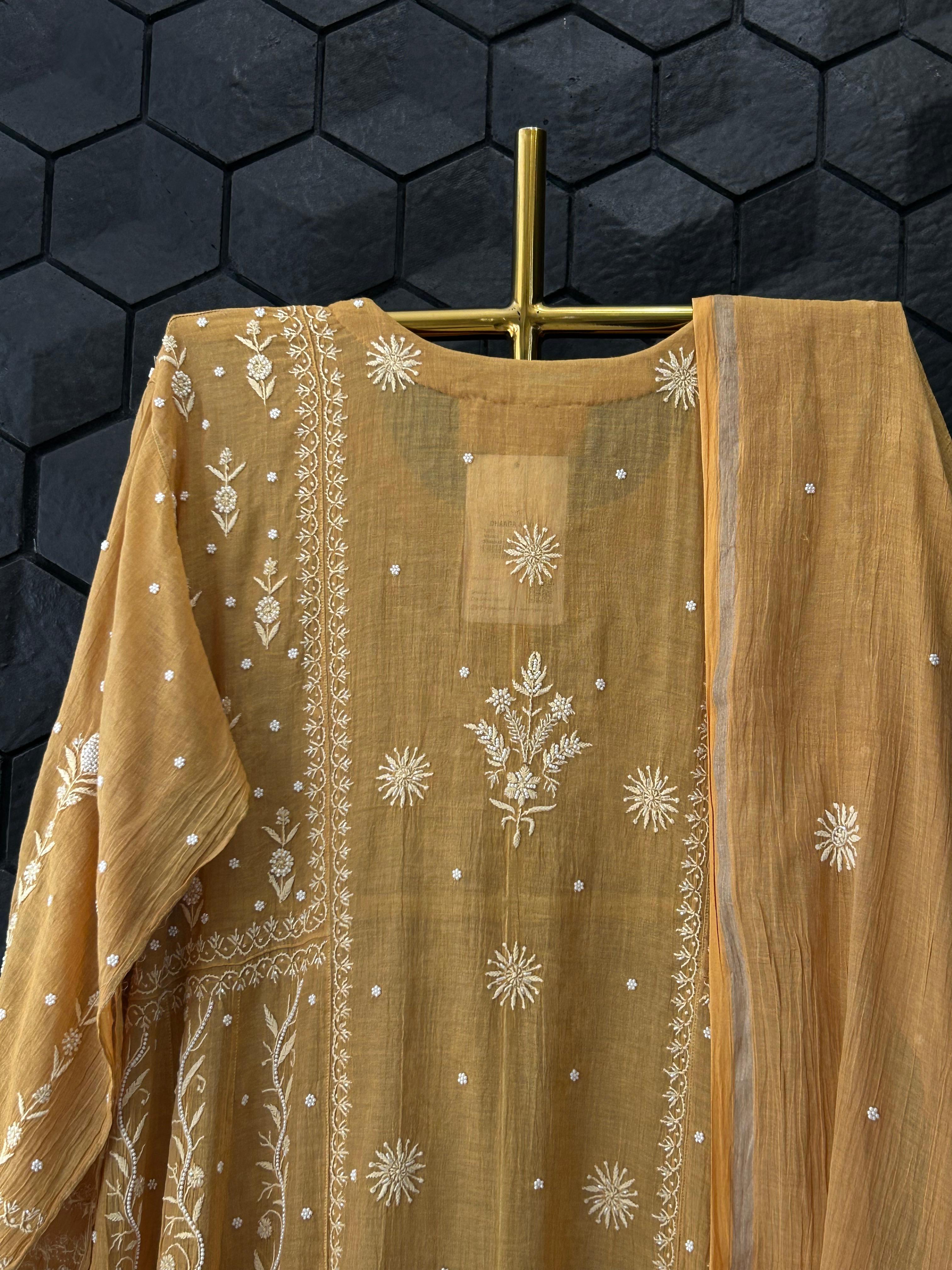 Mustard Tissue Chikankari Anarkali Set