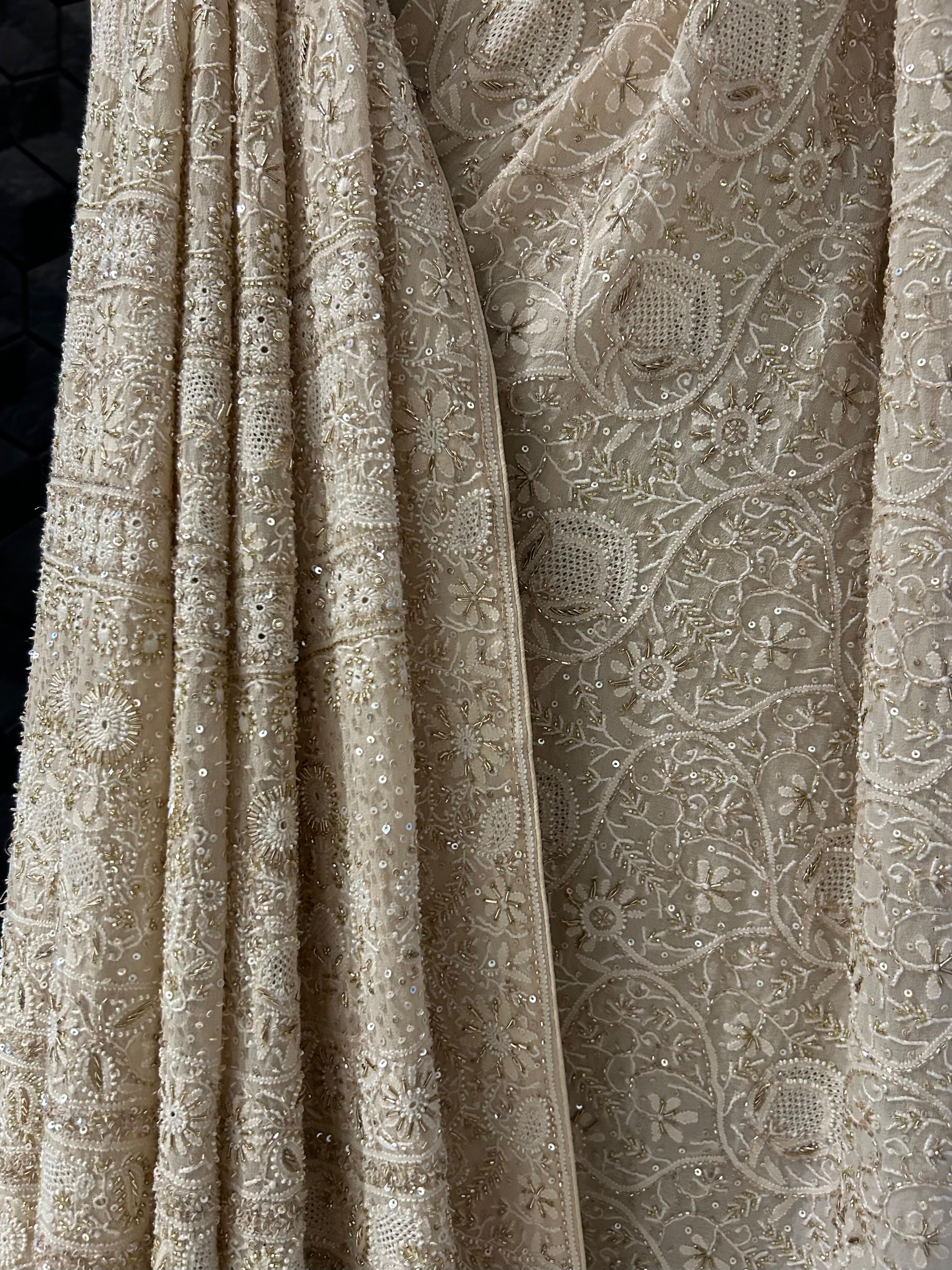 Premium Beige Chikankari Georgette Saree