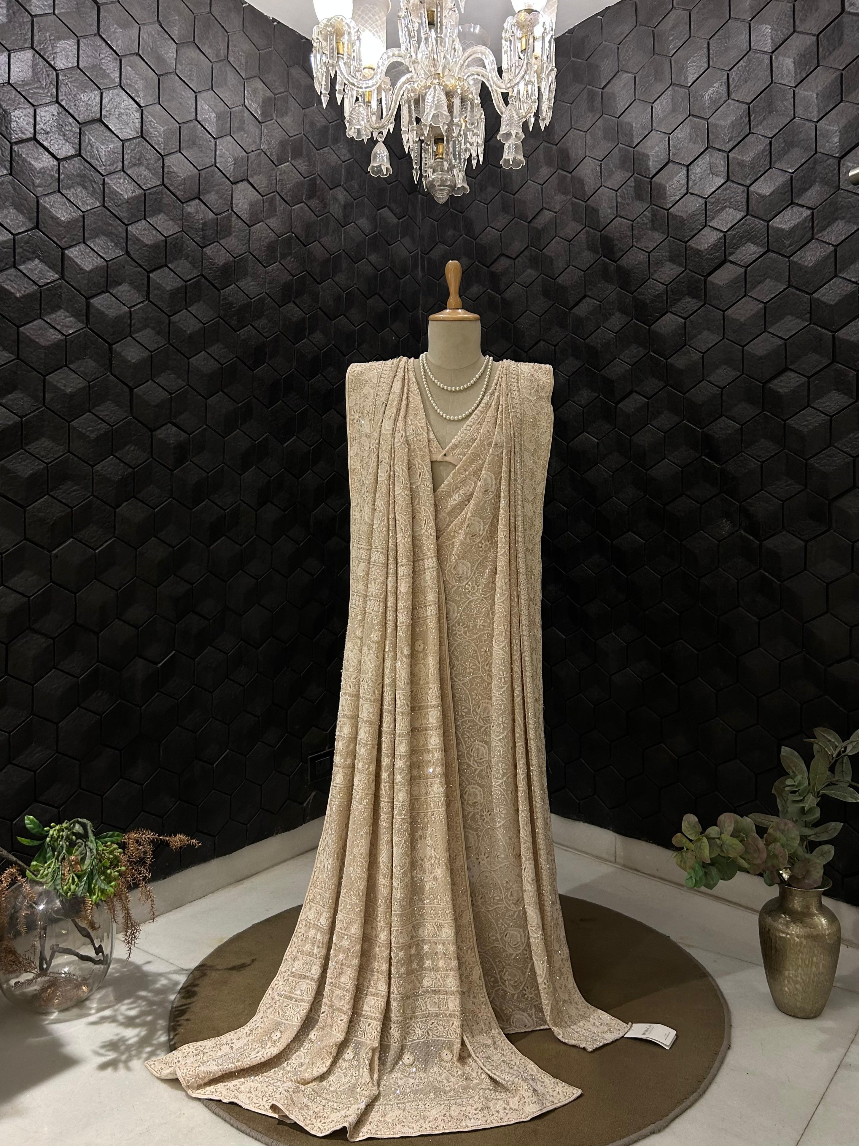 Premium Beige Chikankari Georgette Saree