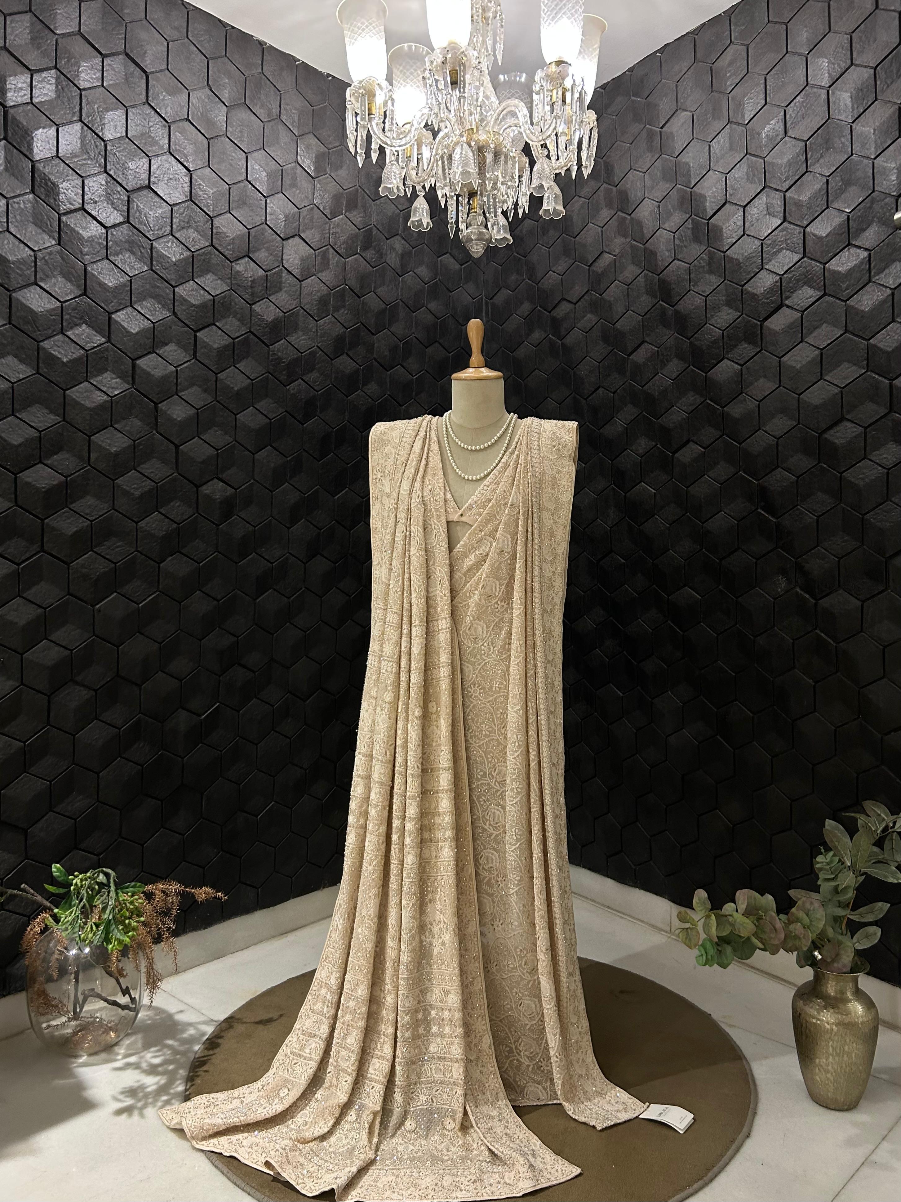 Premium Beige Chikankari Georgette Saree