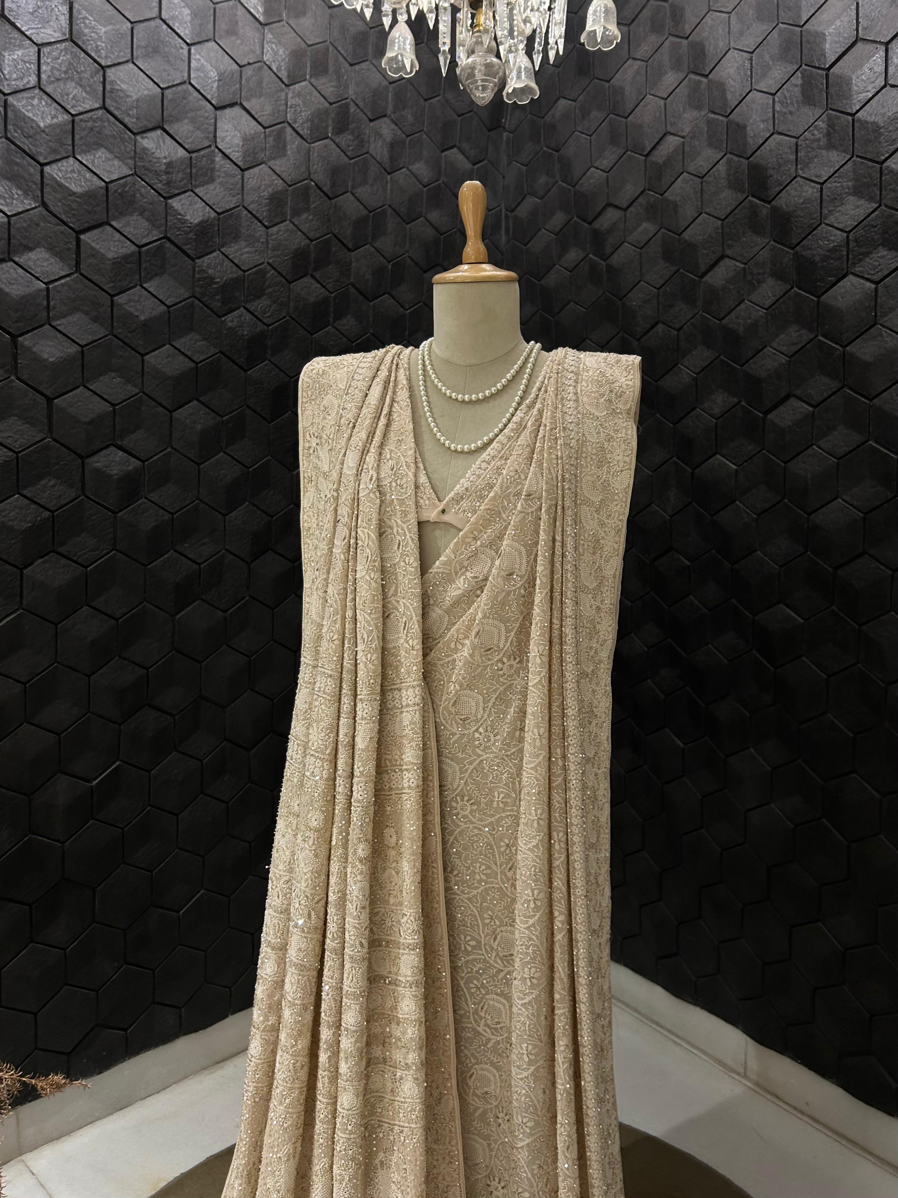 Premium Beige Chikankari Georgette Saree