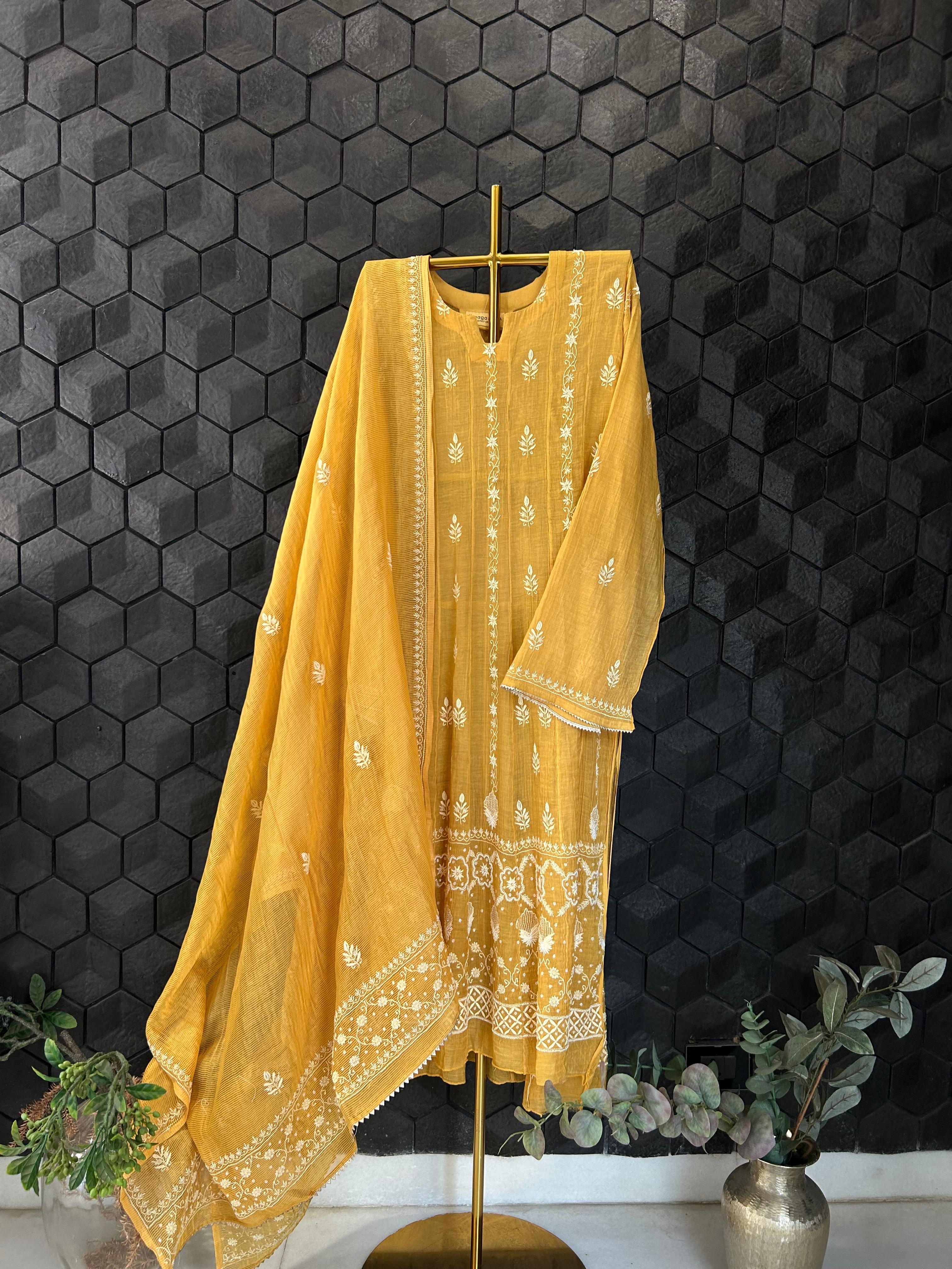 Mustard Tissue Chikankari Anarkali Set