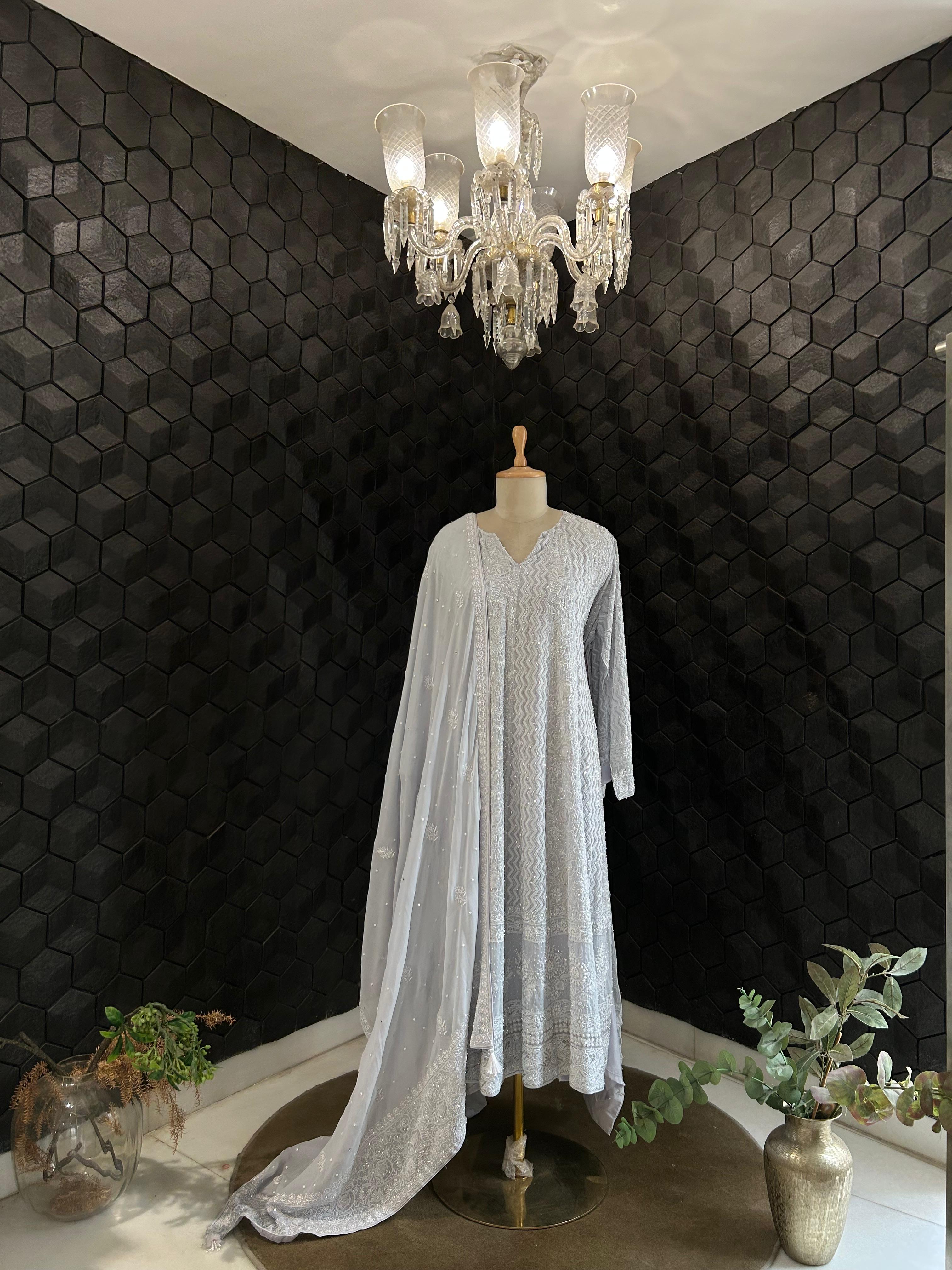 Powder Blue Georgette Chikankari Anarkali Set