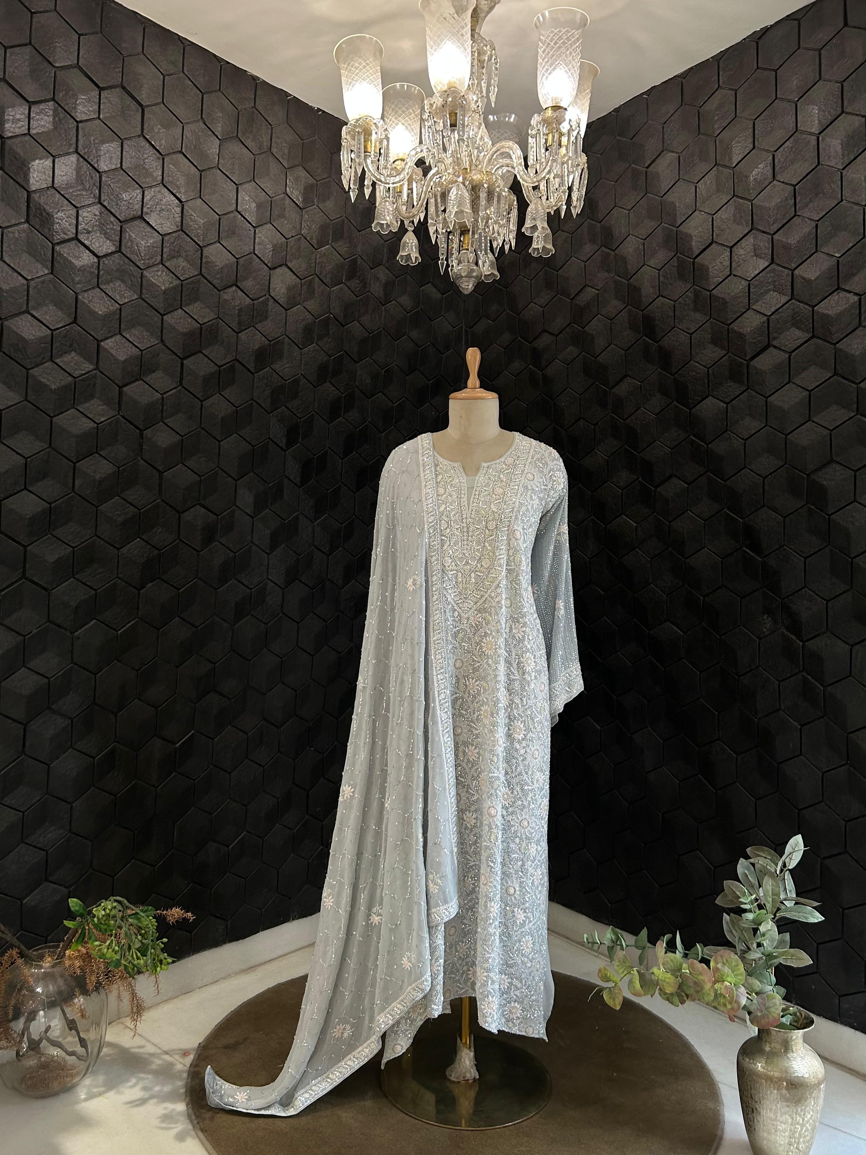 Blue Georgette Chikankari Kurta Set