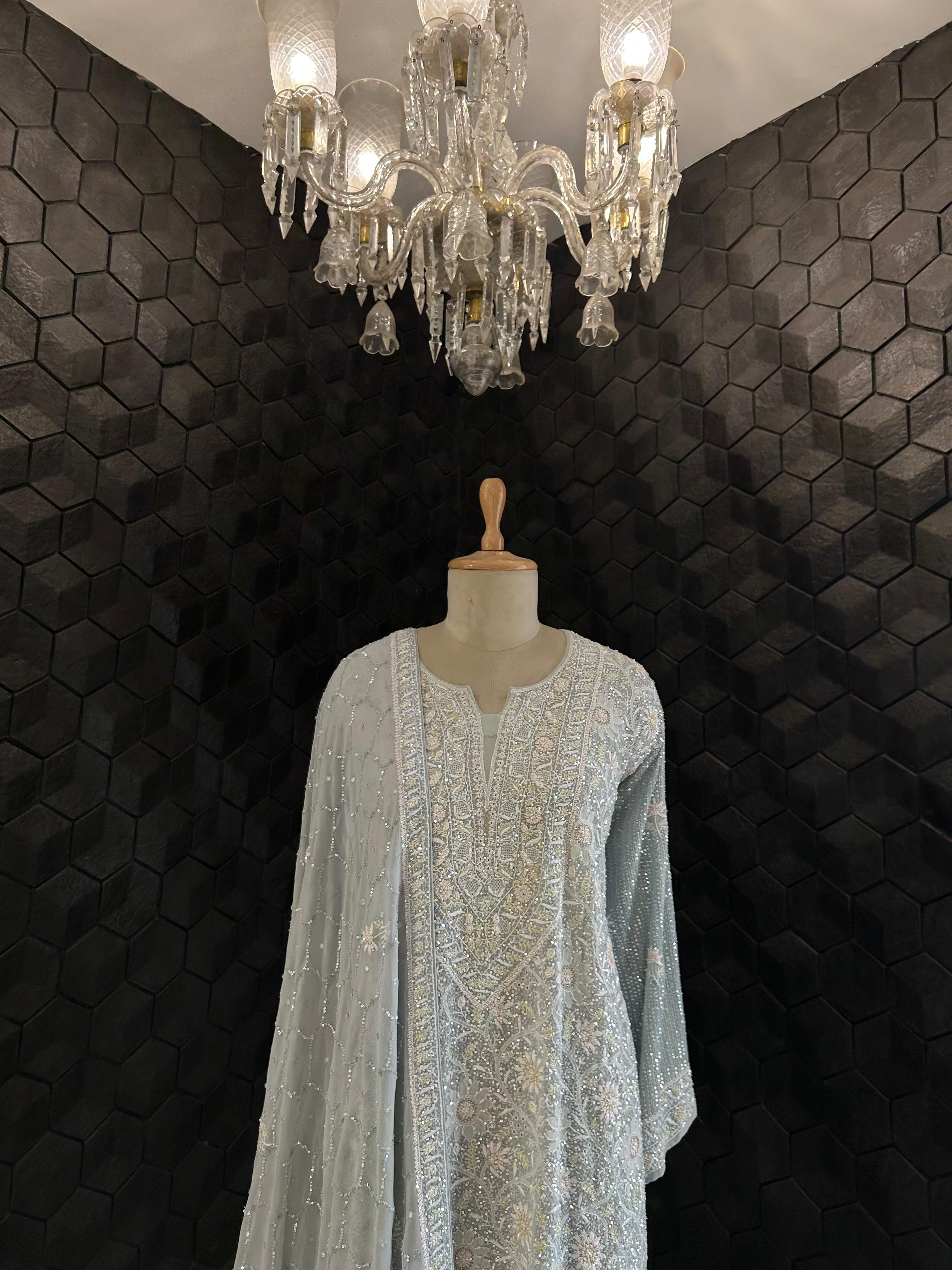 Blue Georgette Chikankari Kurta Set
