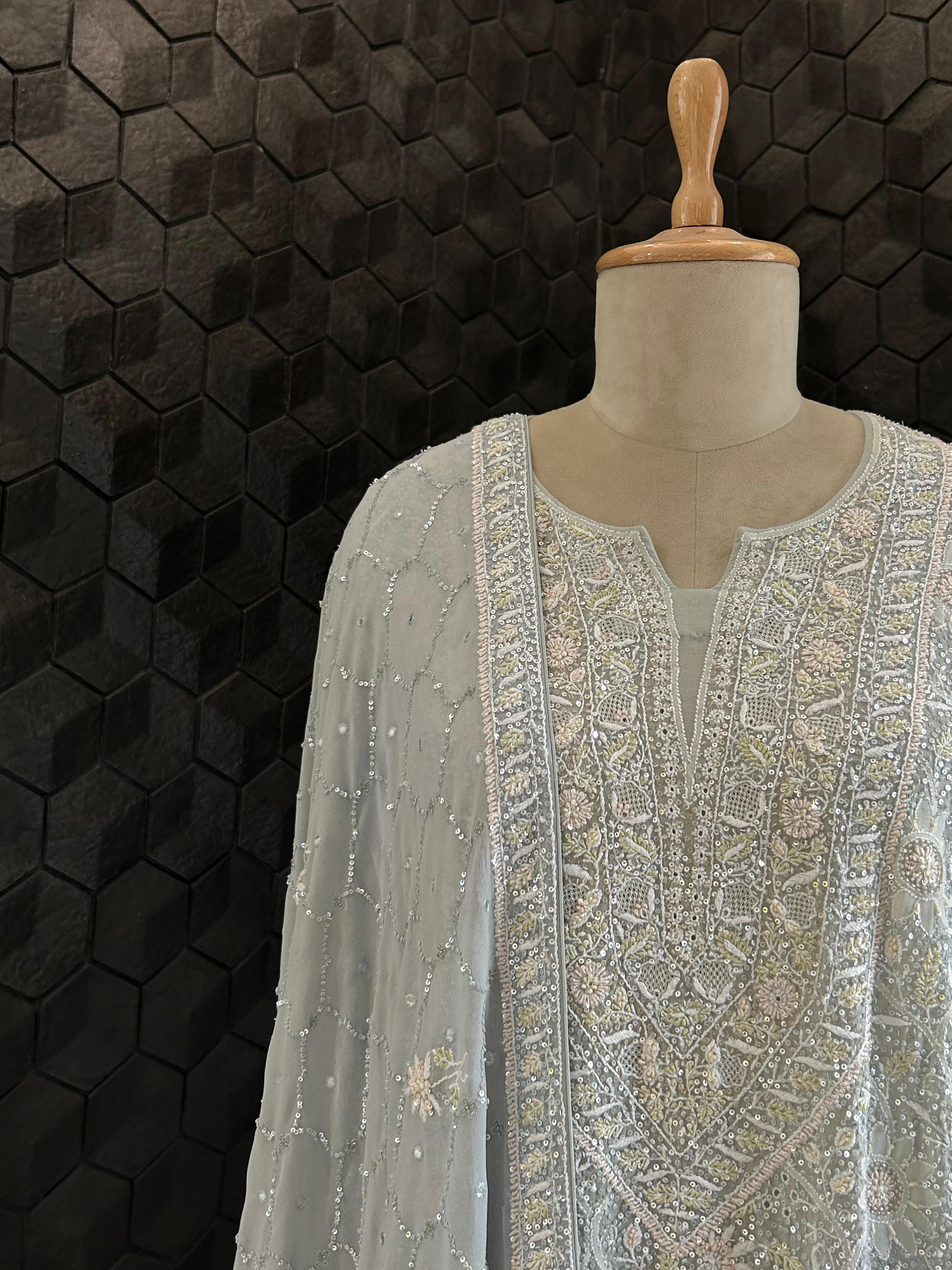 Blue Georgette Chikankari Kurta Set