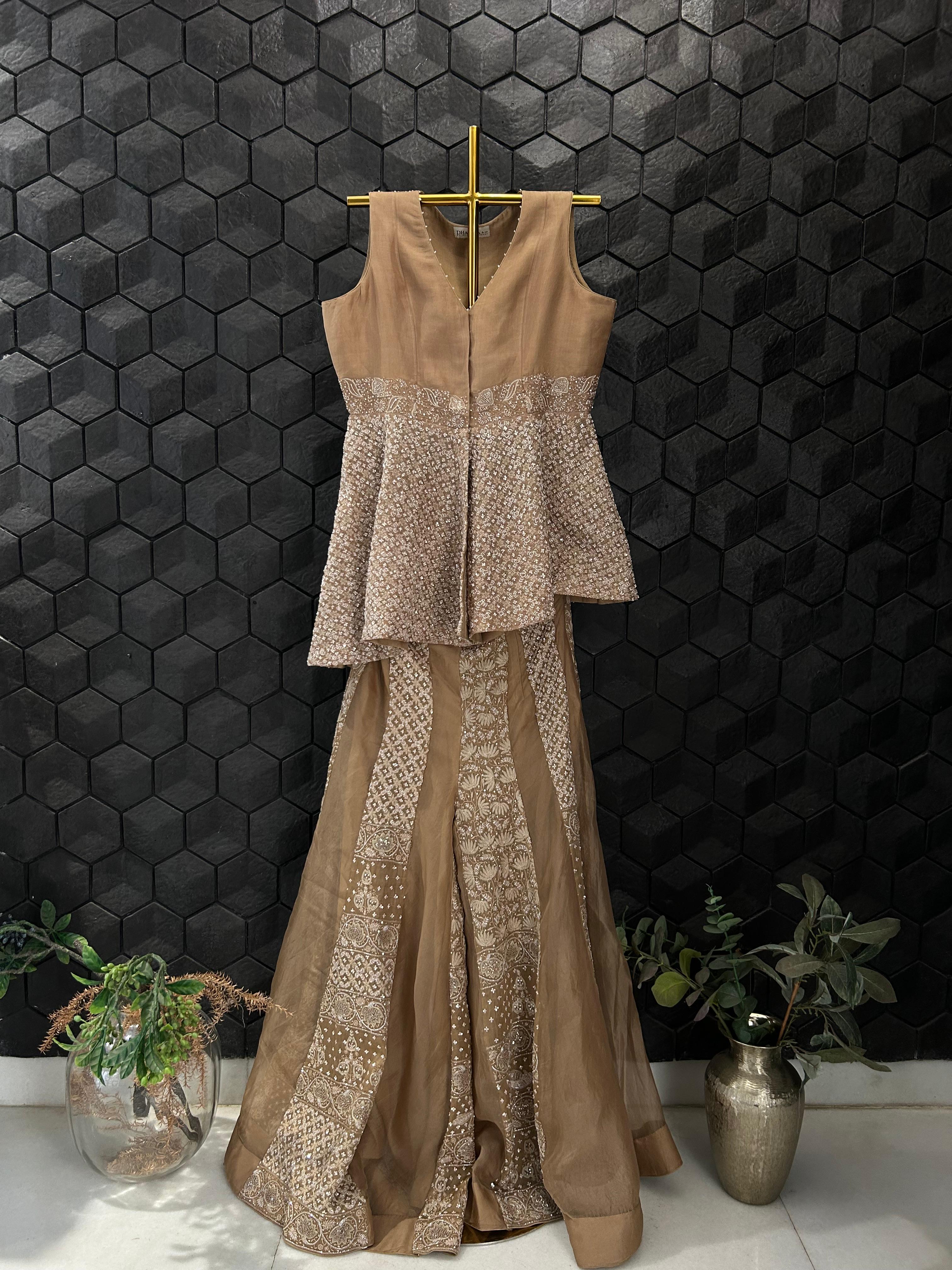 Brown Organza Chikankari Sharara Set