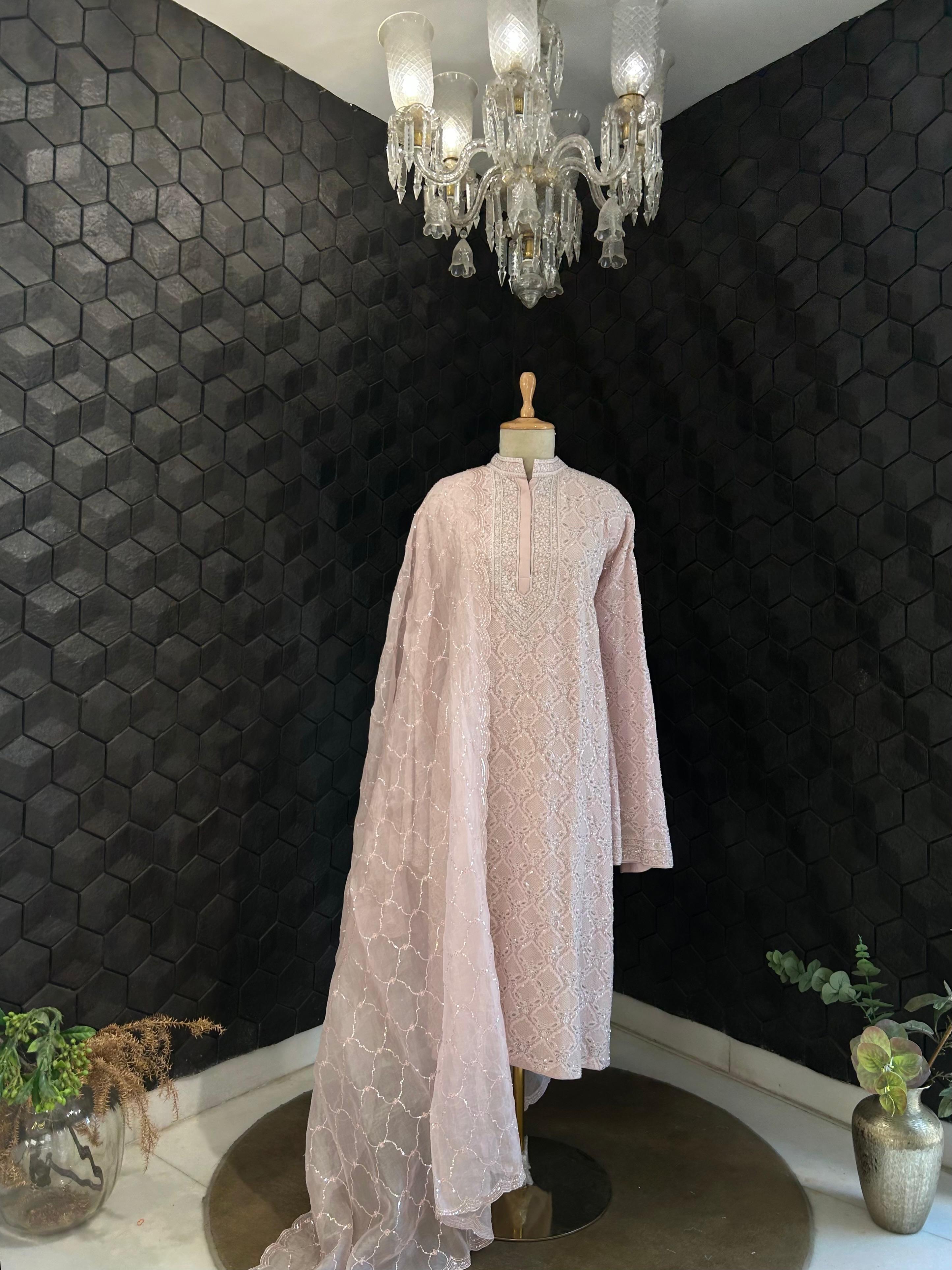 Signature Jaali booti Pink Georgette Chikankari Suit Set