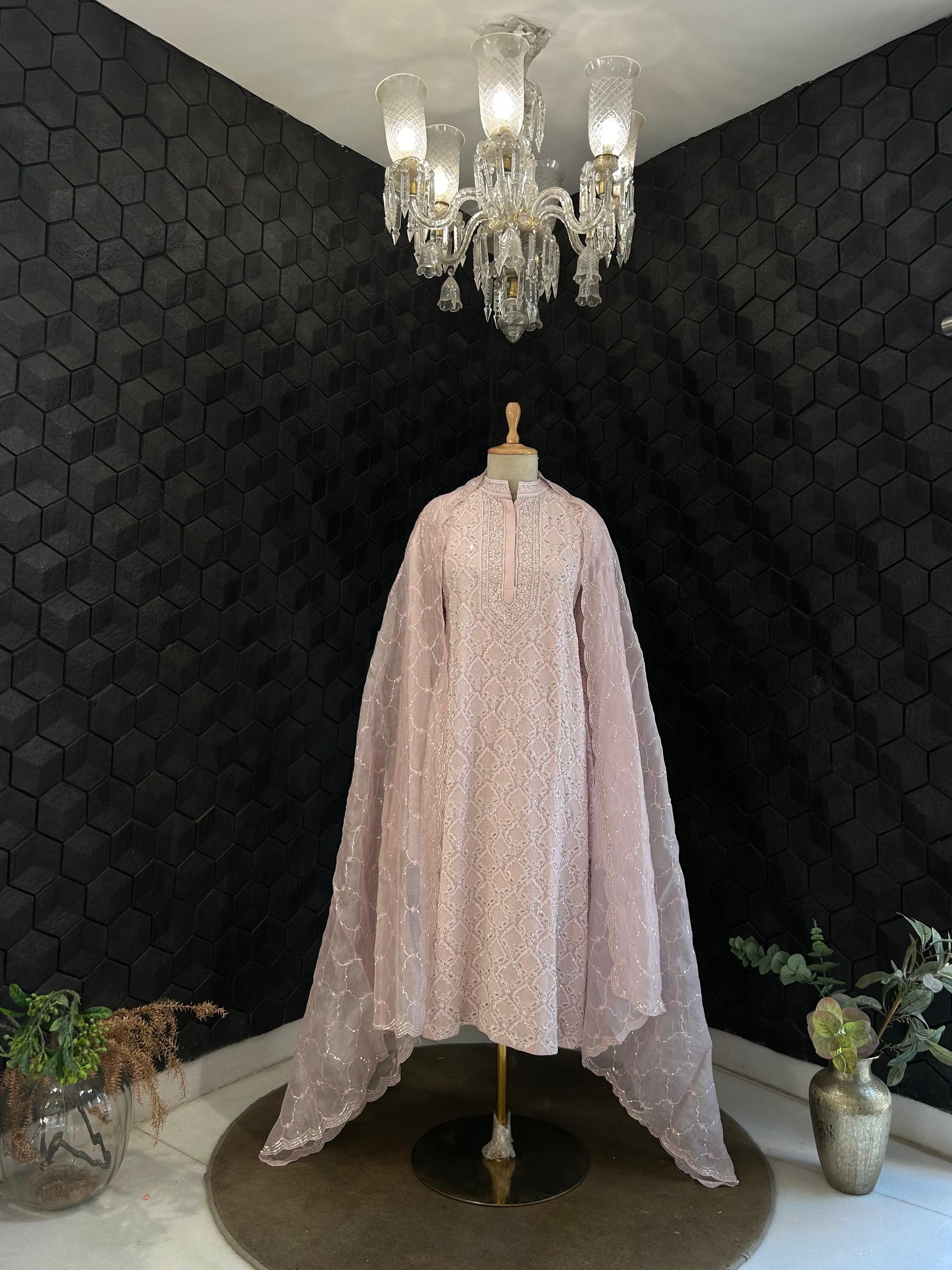 Signature Jaali booti Pink Georgette Chikankari Suit Set