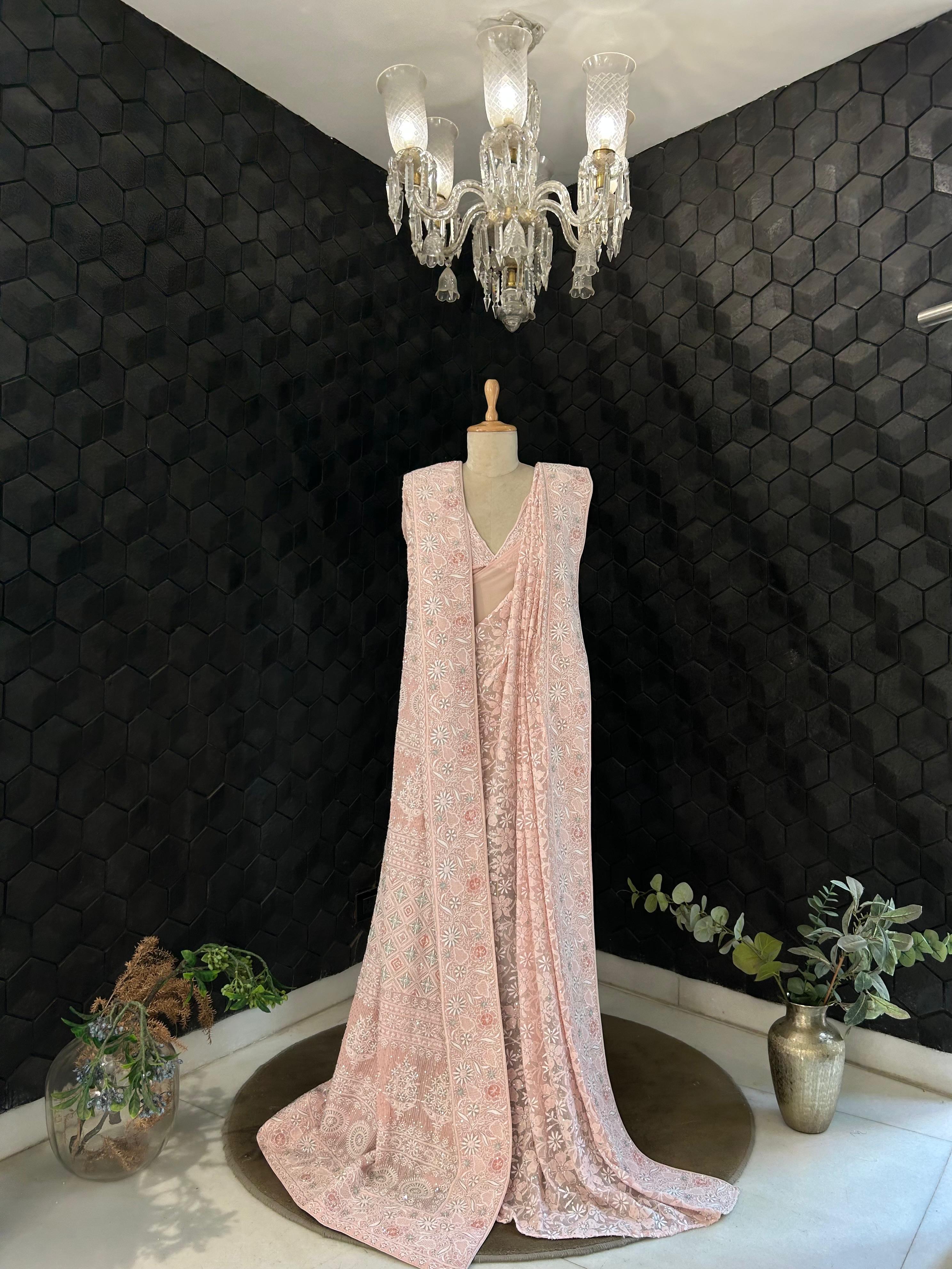 Pink Georgette Do-Taar Chikankari Saree