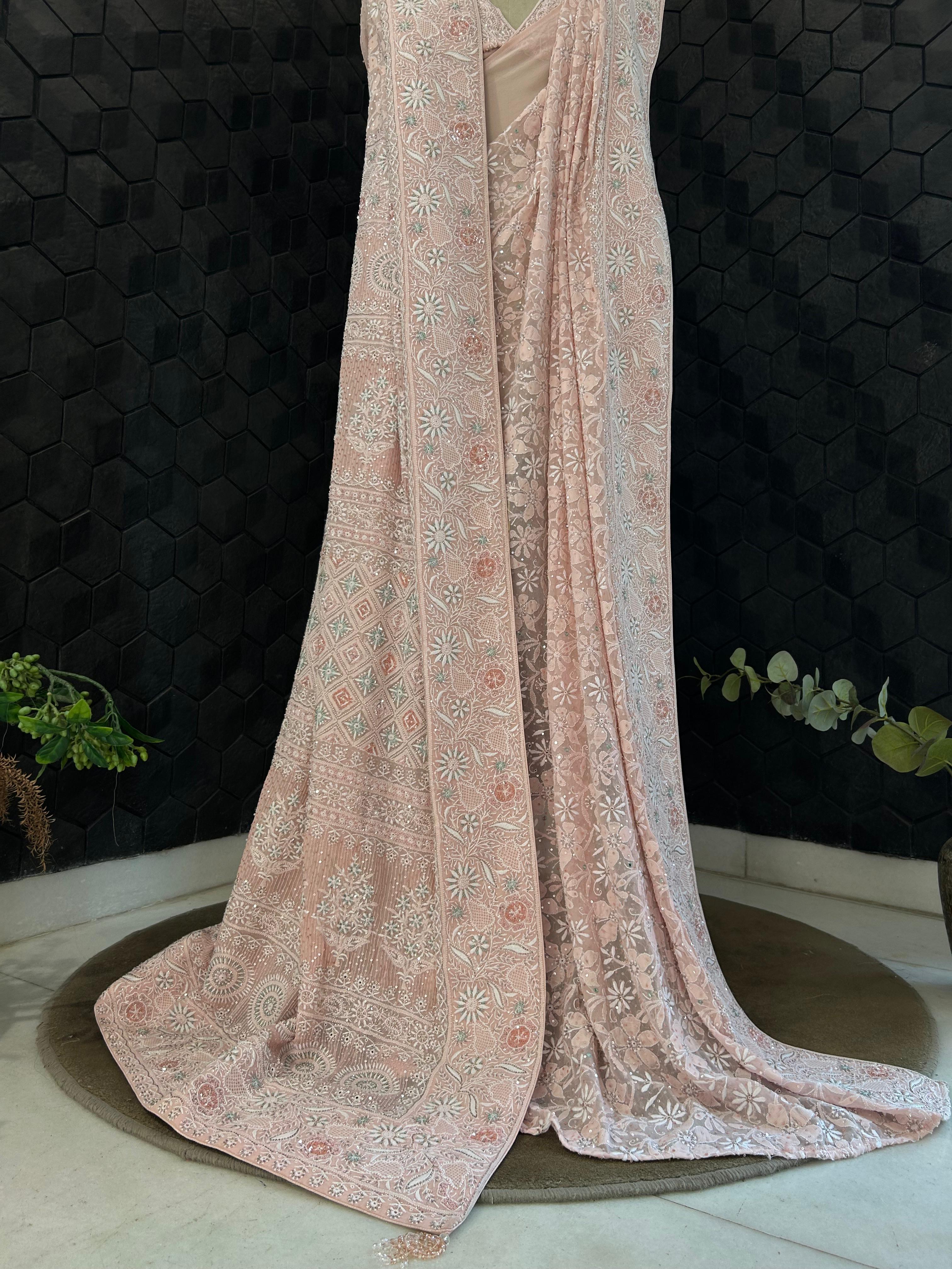 Pink Georgette Do-Taar Chikankari Saree