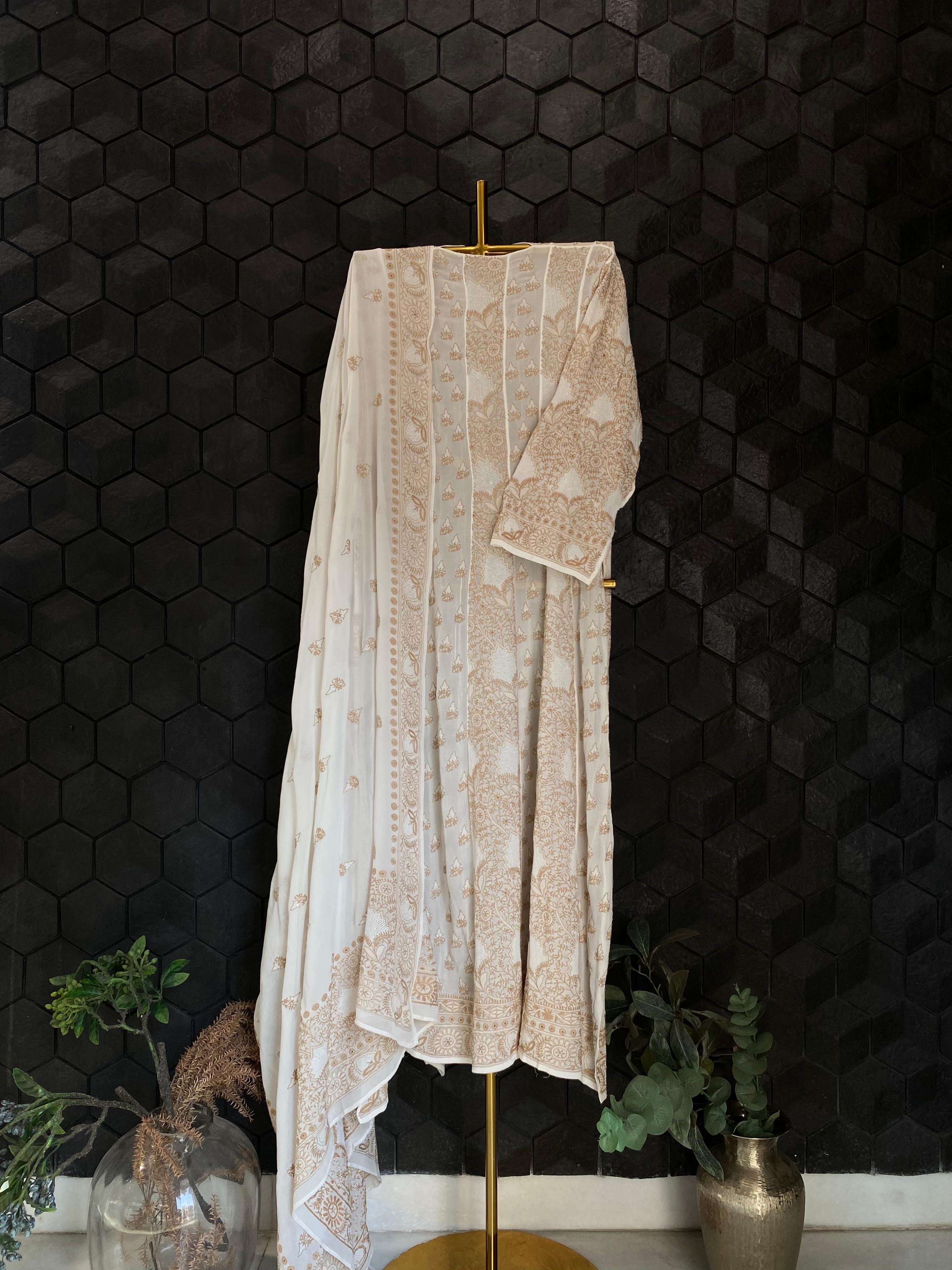White Georgette Chikankari Anarkali Set