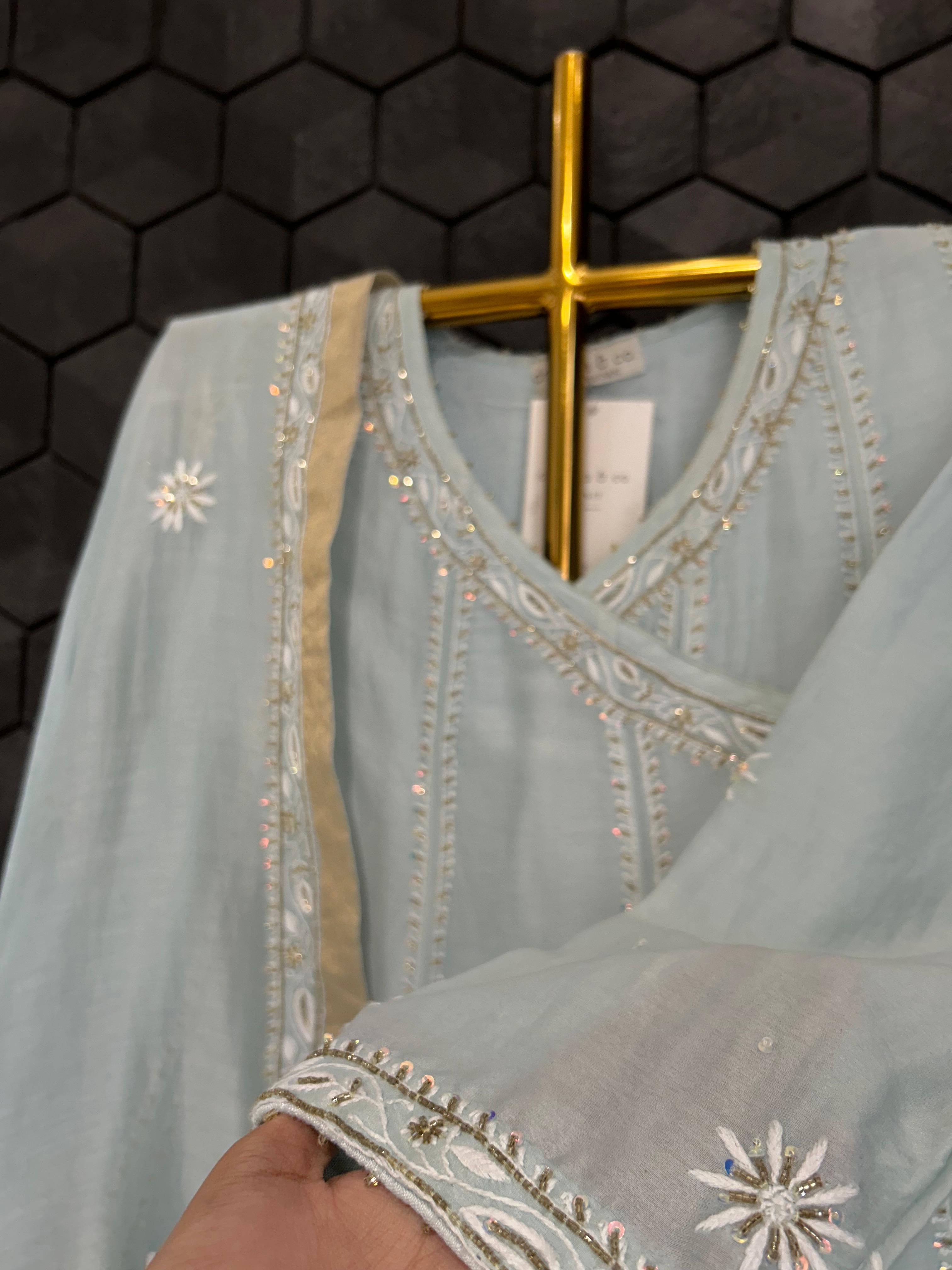 Mint Green Chanderi Chikankari Anarkali Set