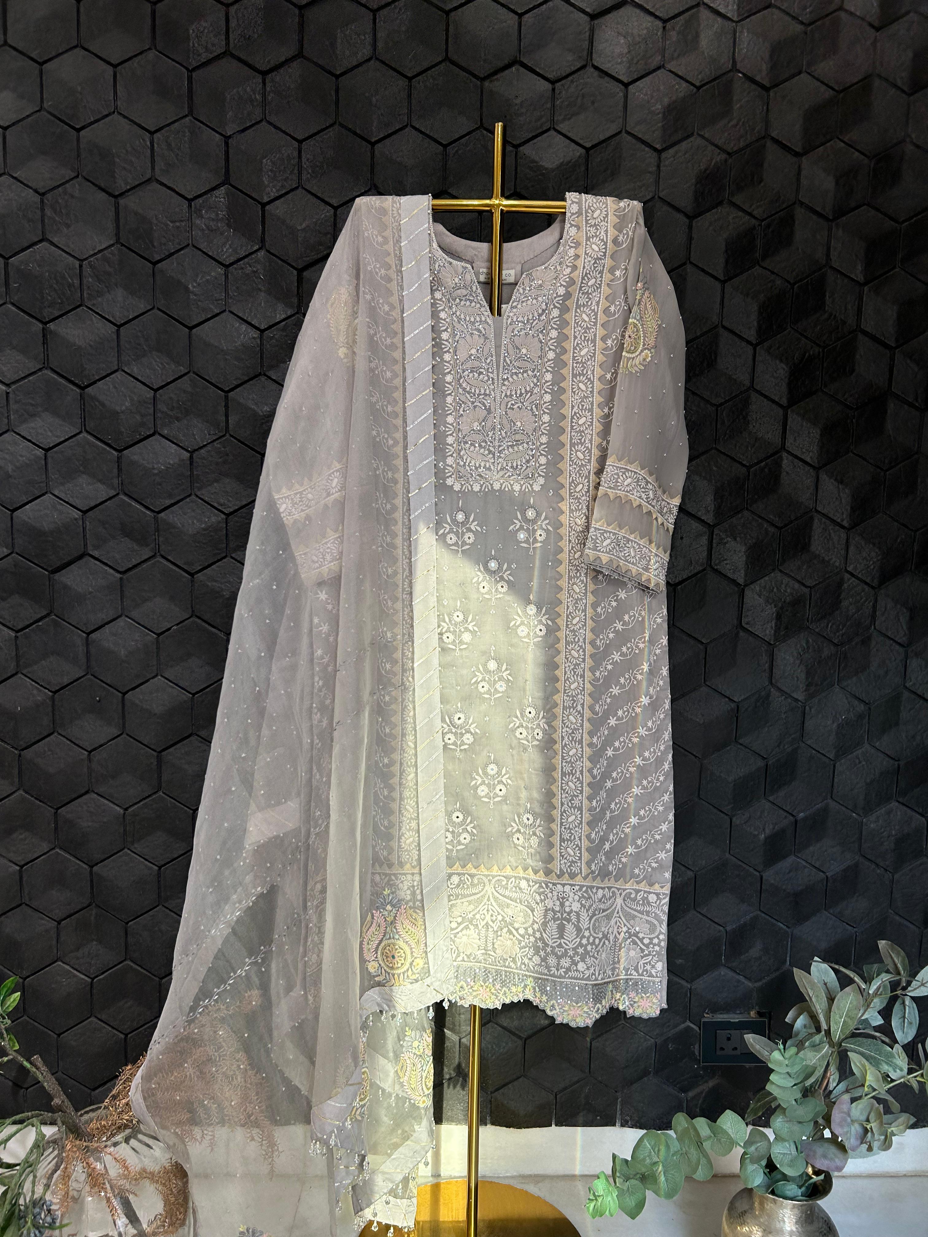 Grey Organza Chikankari Kurta Set