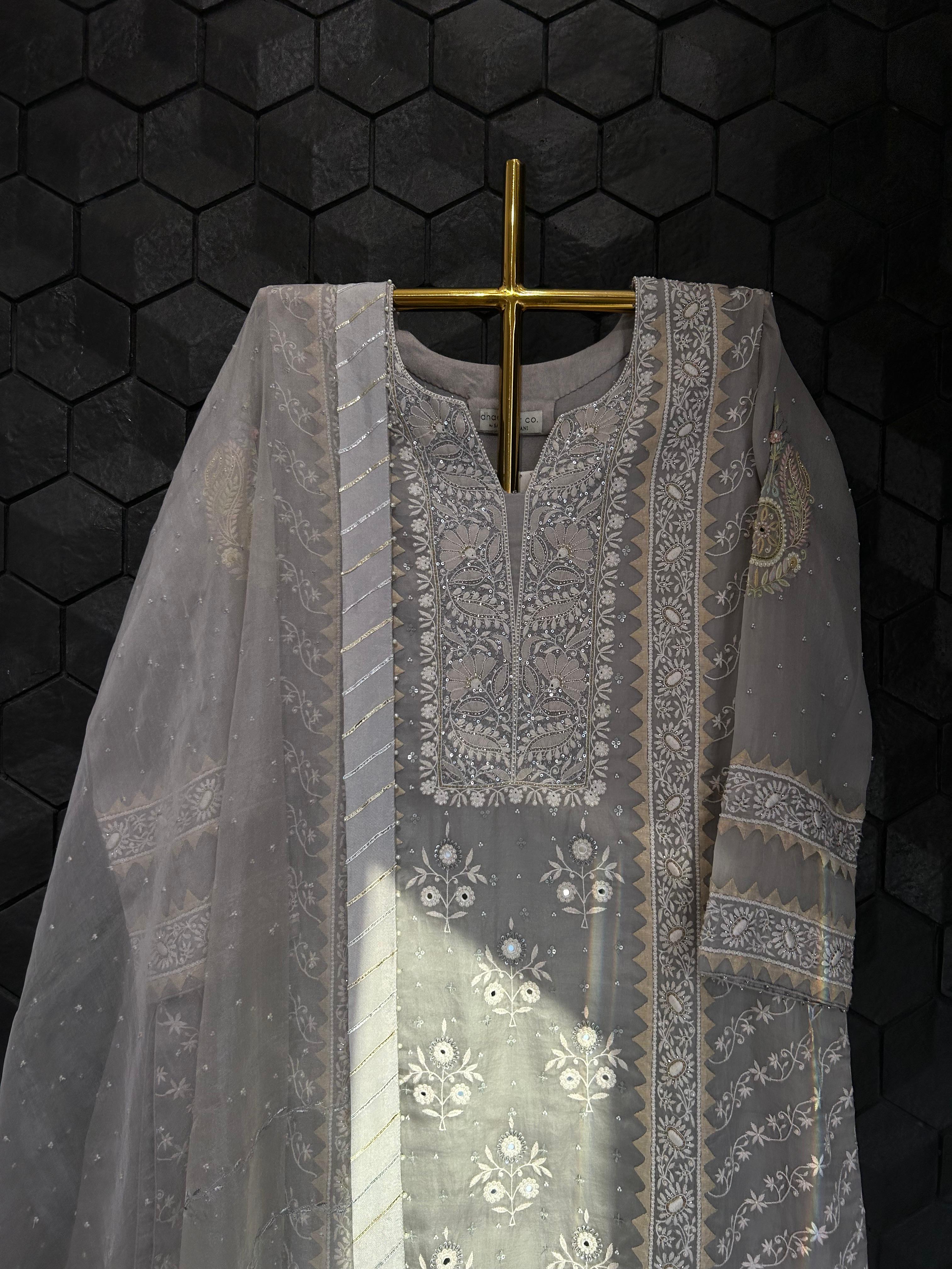 Grey Organza Chikankari Kurta Set