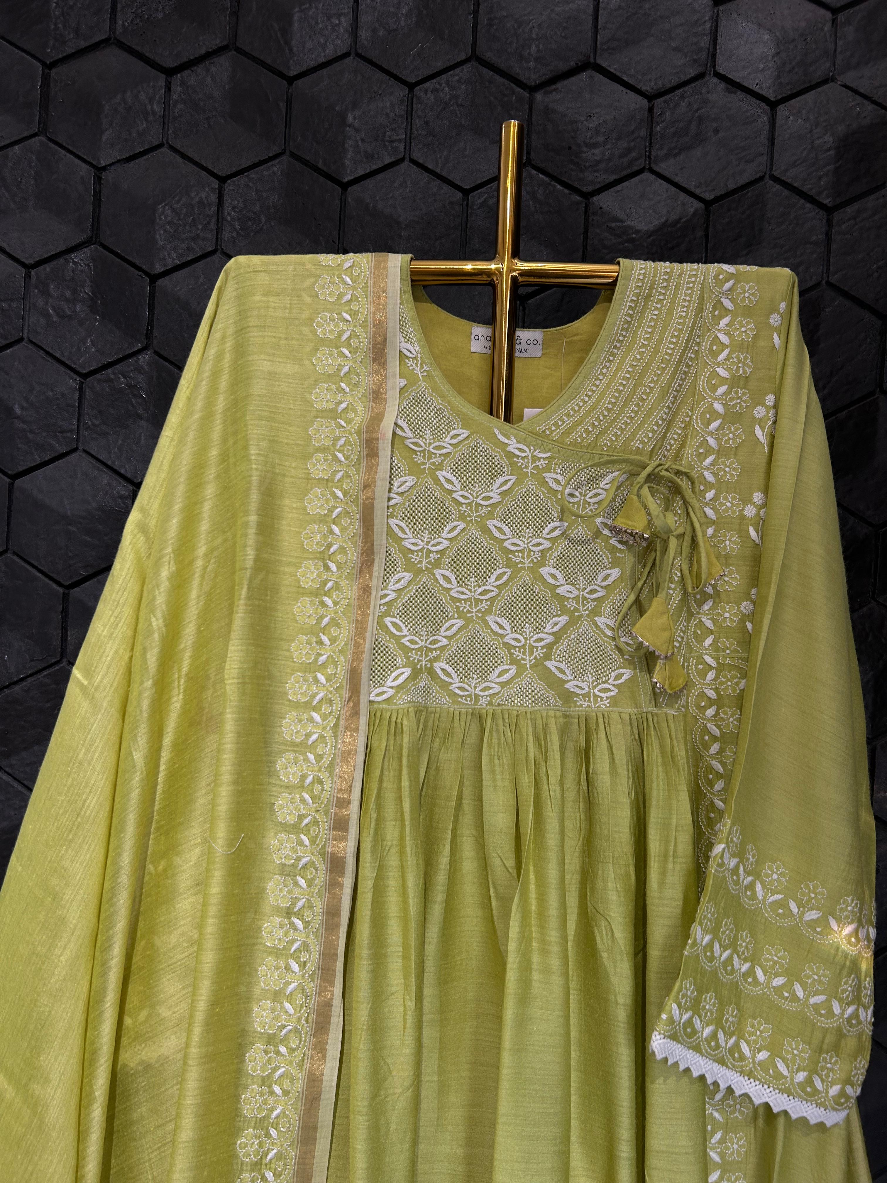 Green Moonga Slik Chikankari Angarkha Suit Set