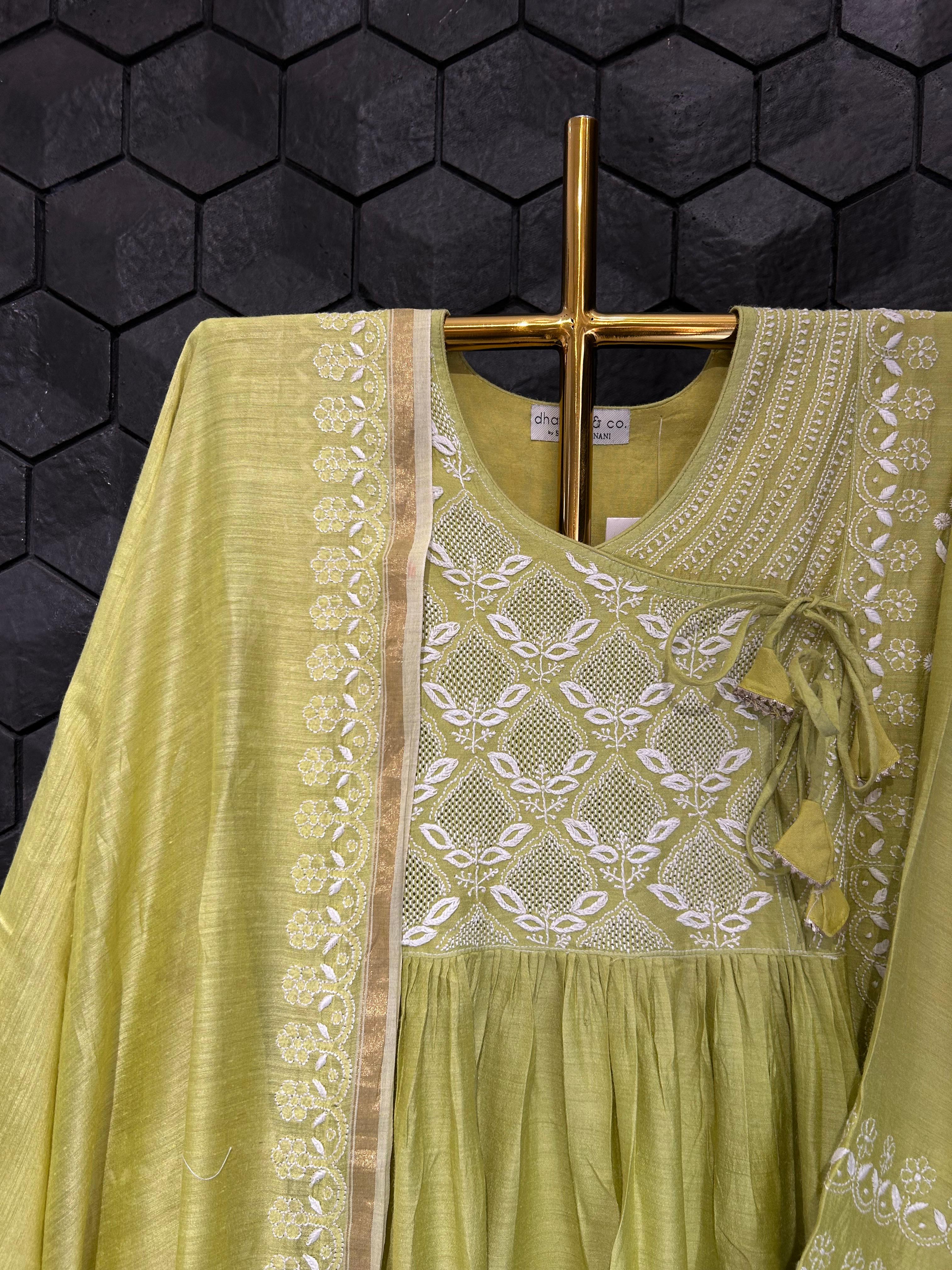 Green Moonga Slik Chikankari Angarkha Suit Set