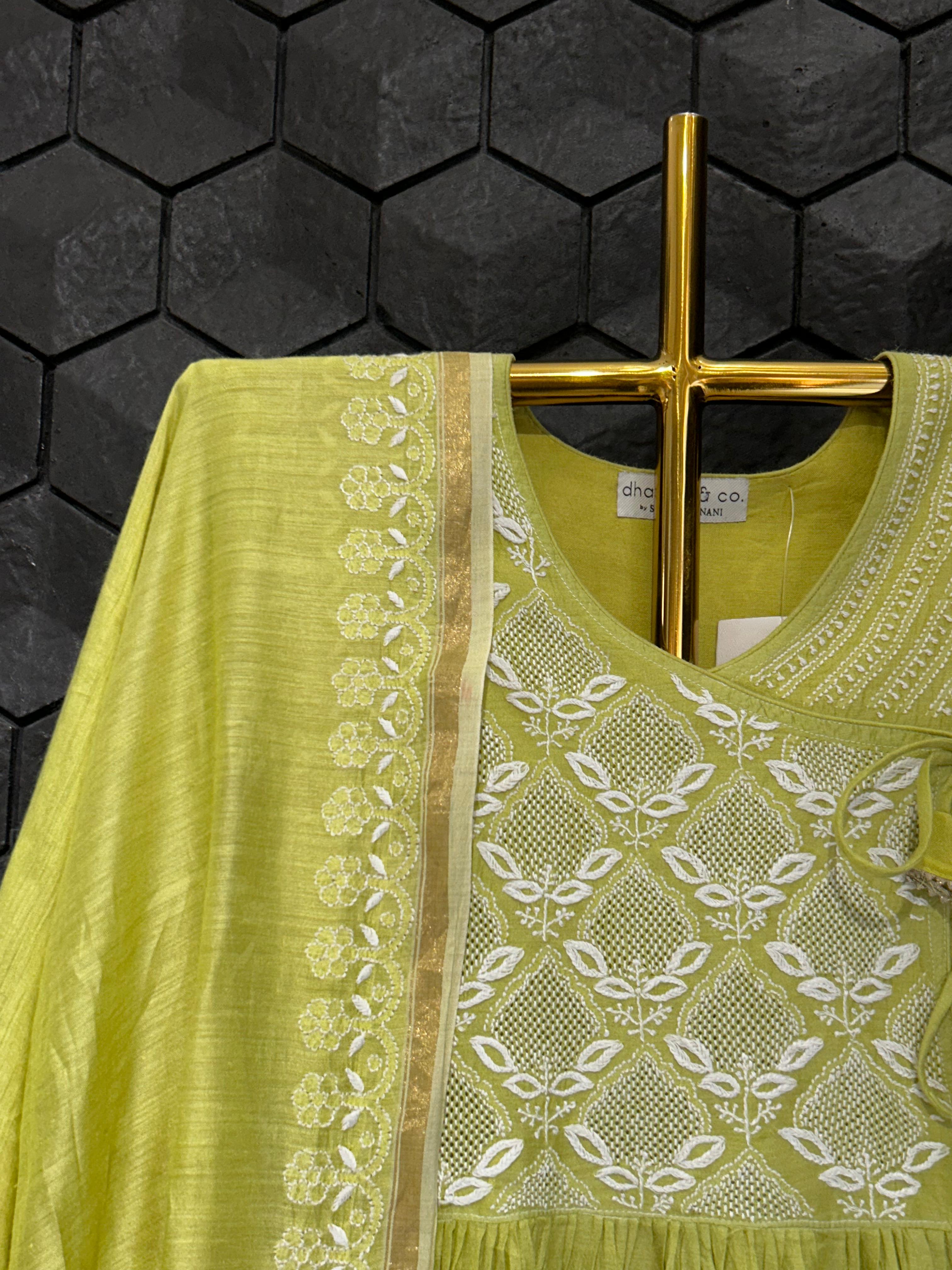 Green Moonga Slik Chikankari Angarkha Suit Set