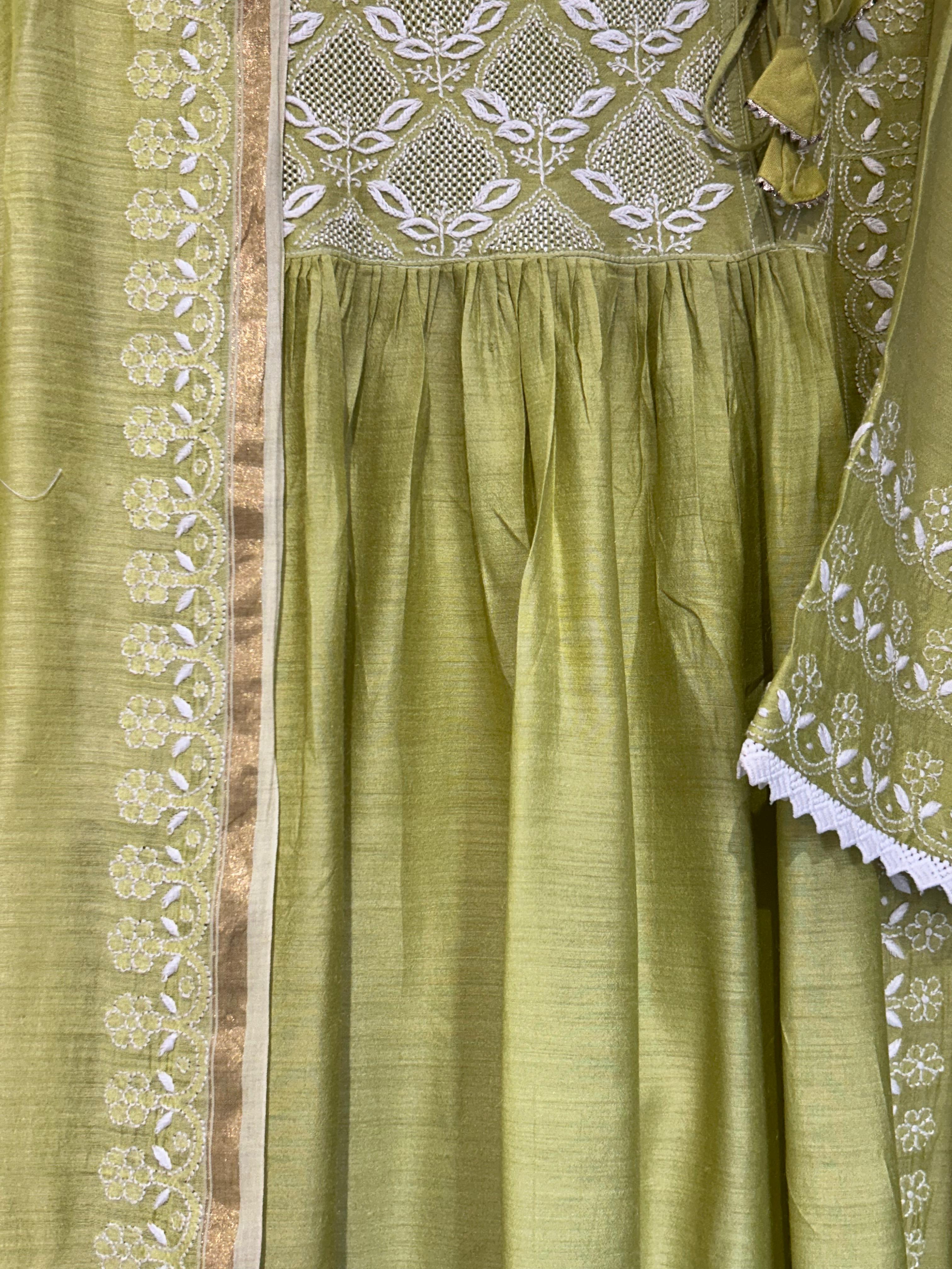 Green Moonga Slik Chikankari Angarkha Suit Set