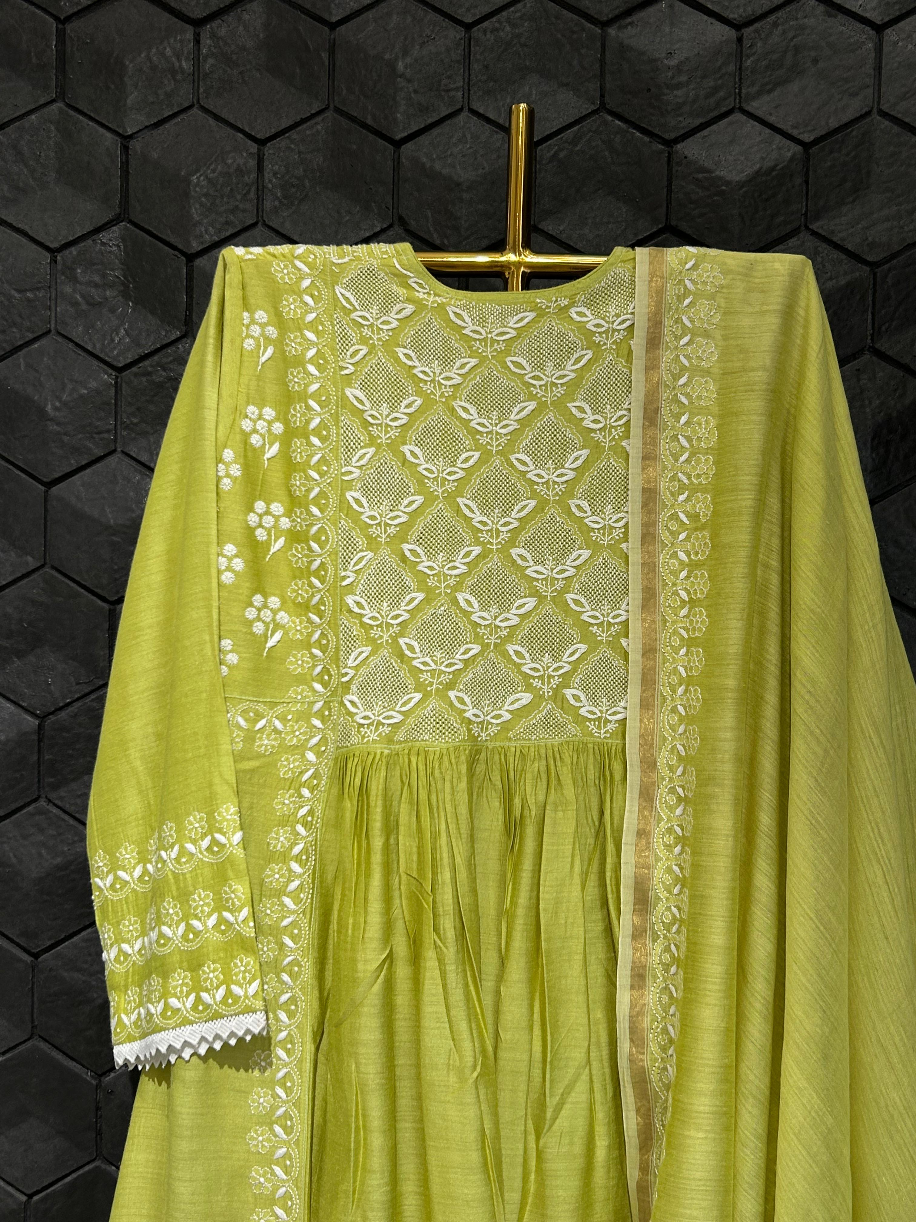 Green Moonga Slik Chikankari Angarkha Suit Set