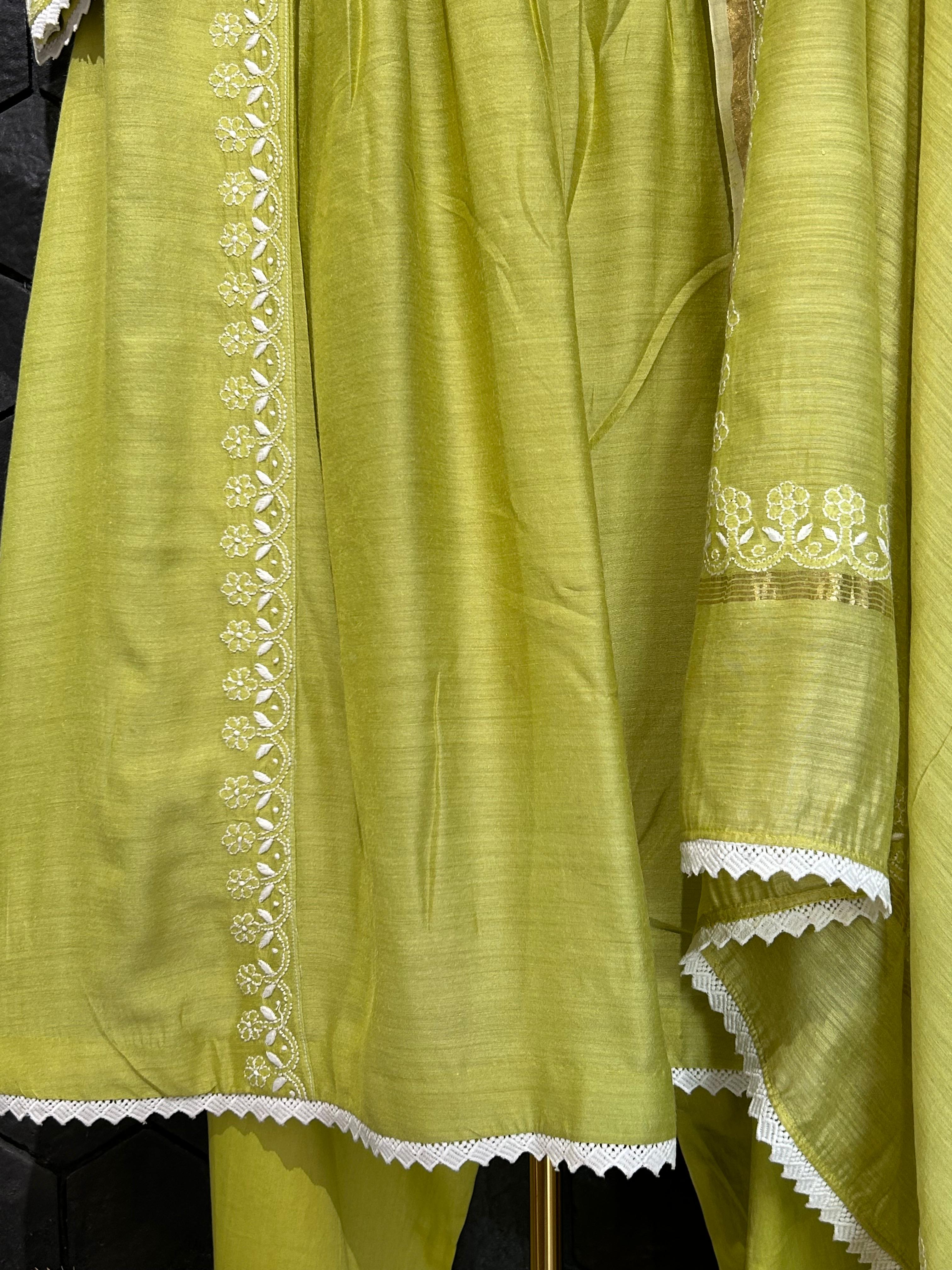 Green Moonga Slik Chikankari Angarkha Suit Set