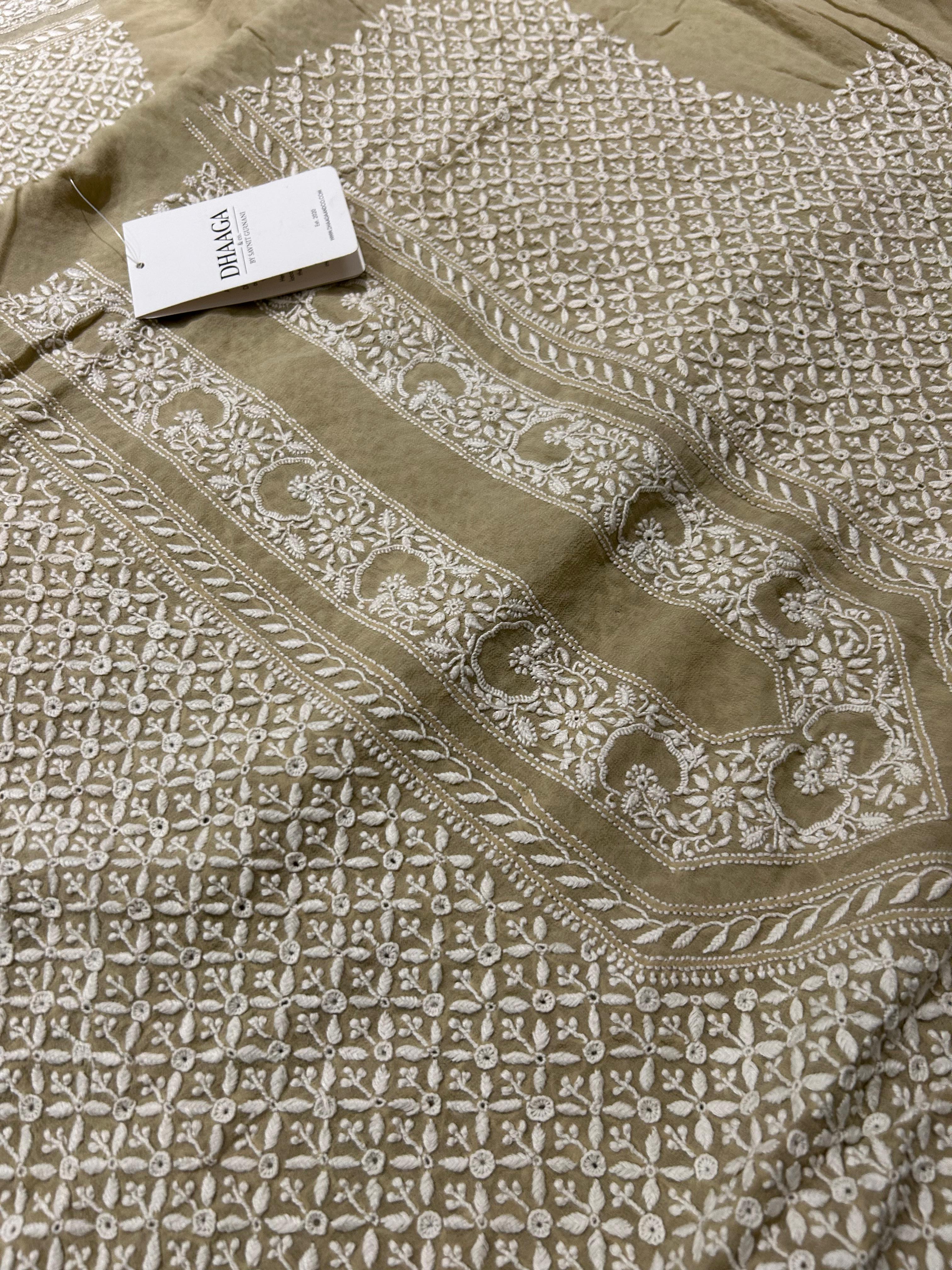 Beige Georgette Chikankari Mens Kurta