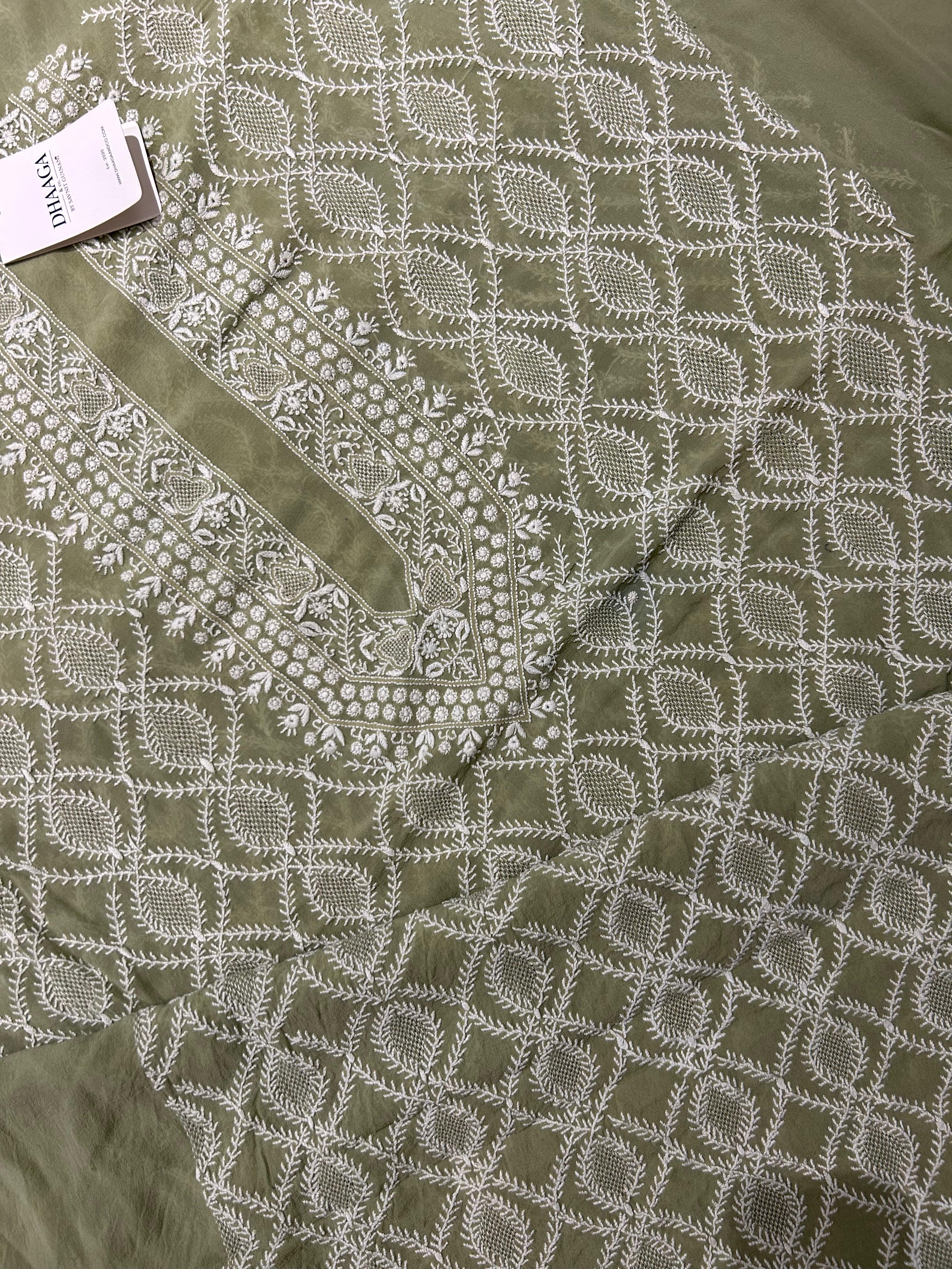 Olive Green Georgette Chikankari Mens Kurta with statement jaali