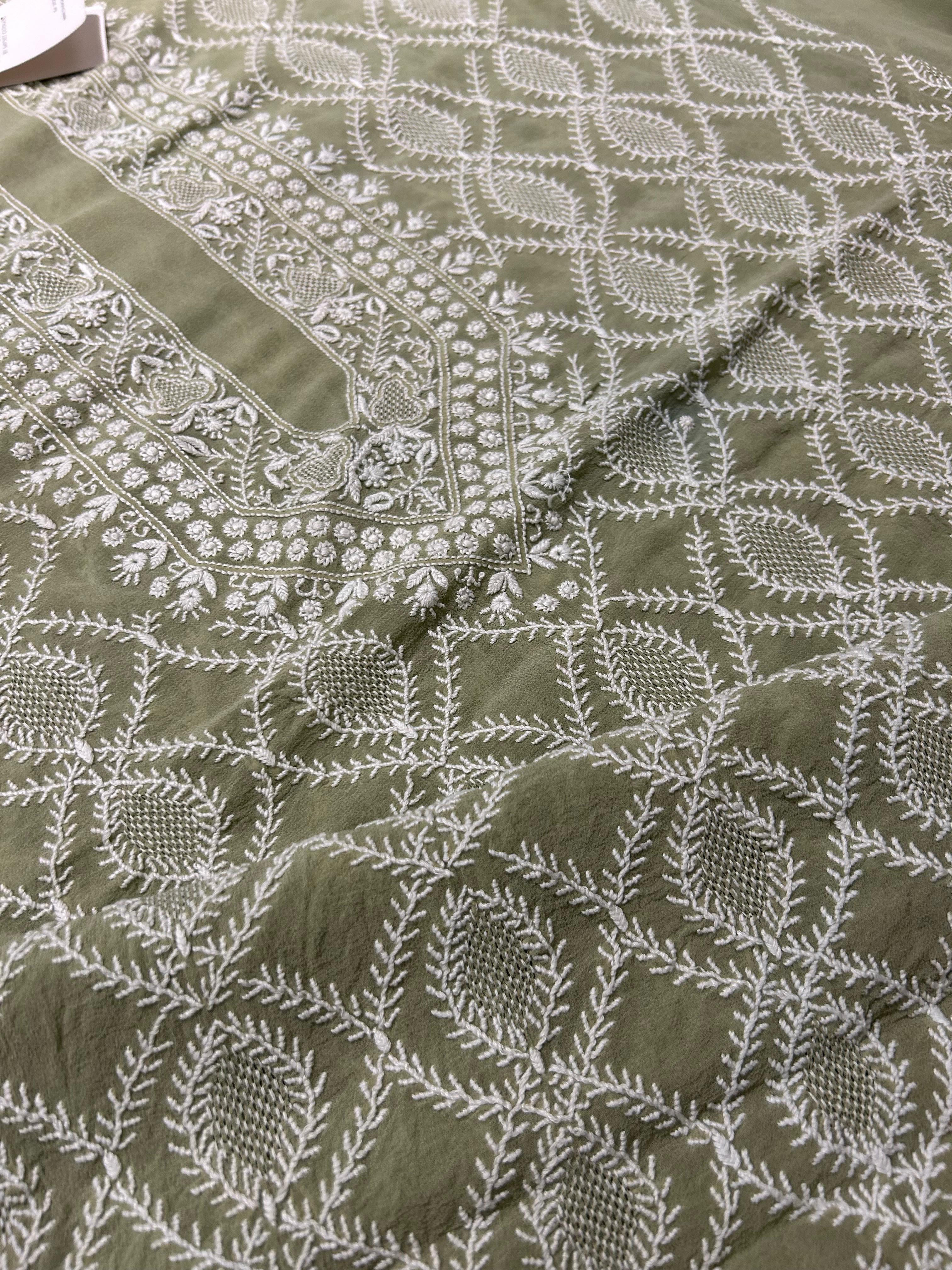Olive Green Georgette Chikankari Mens Kurta with statement jaali
