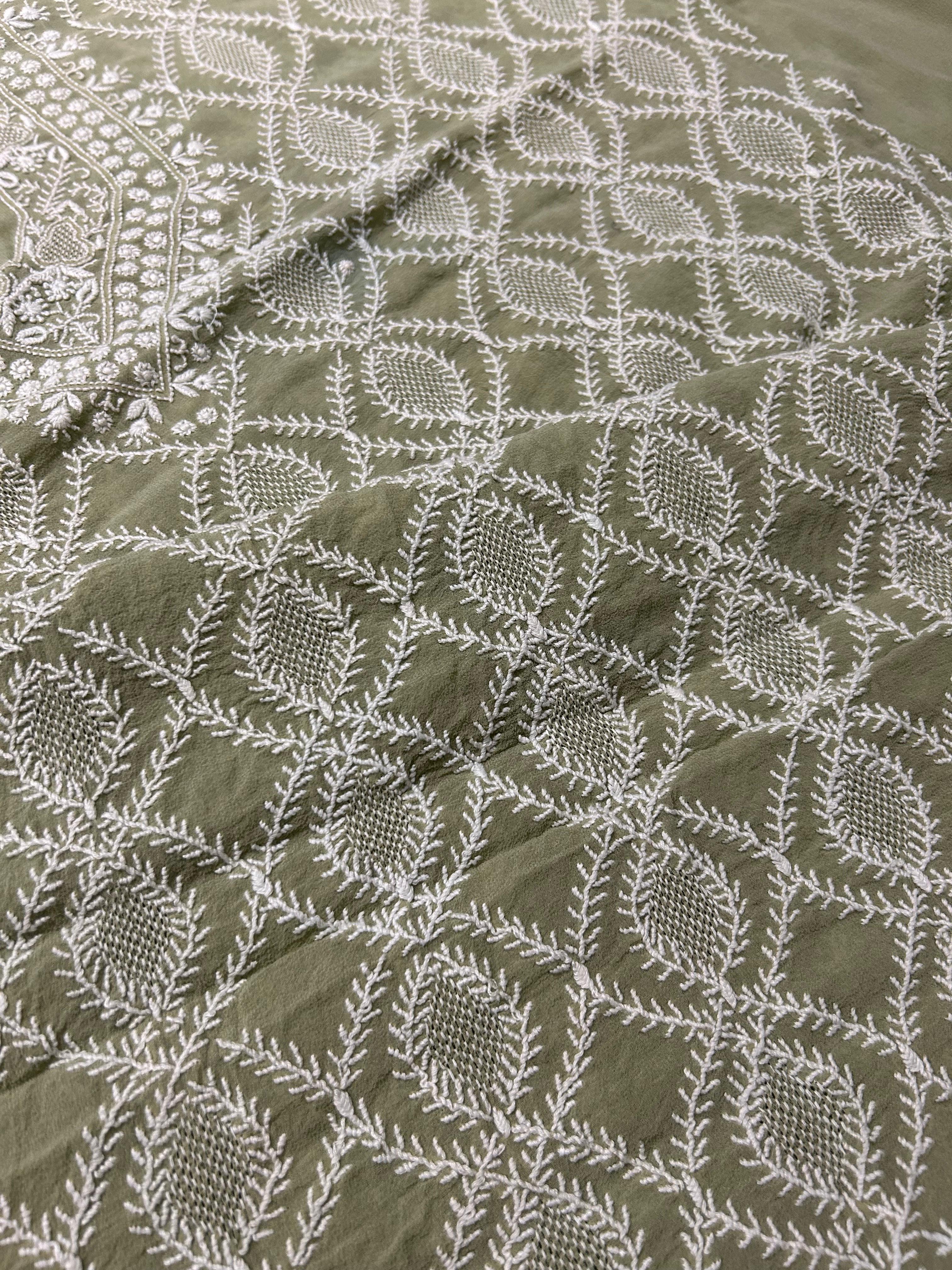 Olive Green Georgette Chikankari Mens Kurta with statement jaali