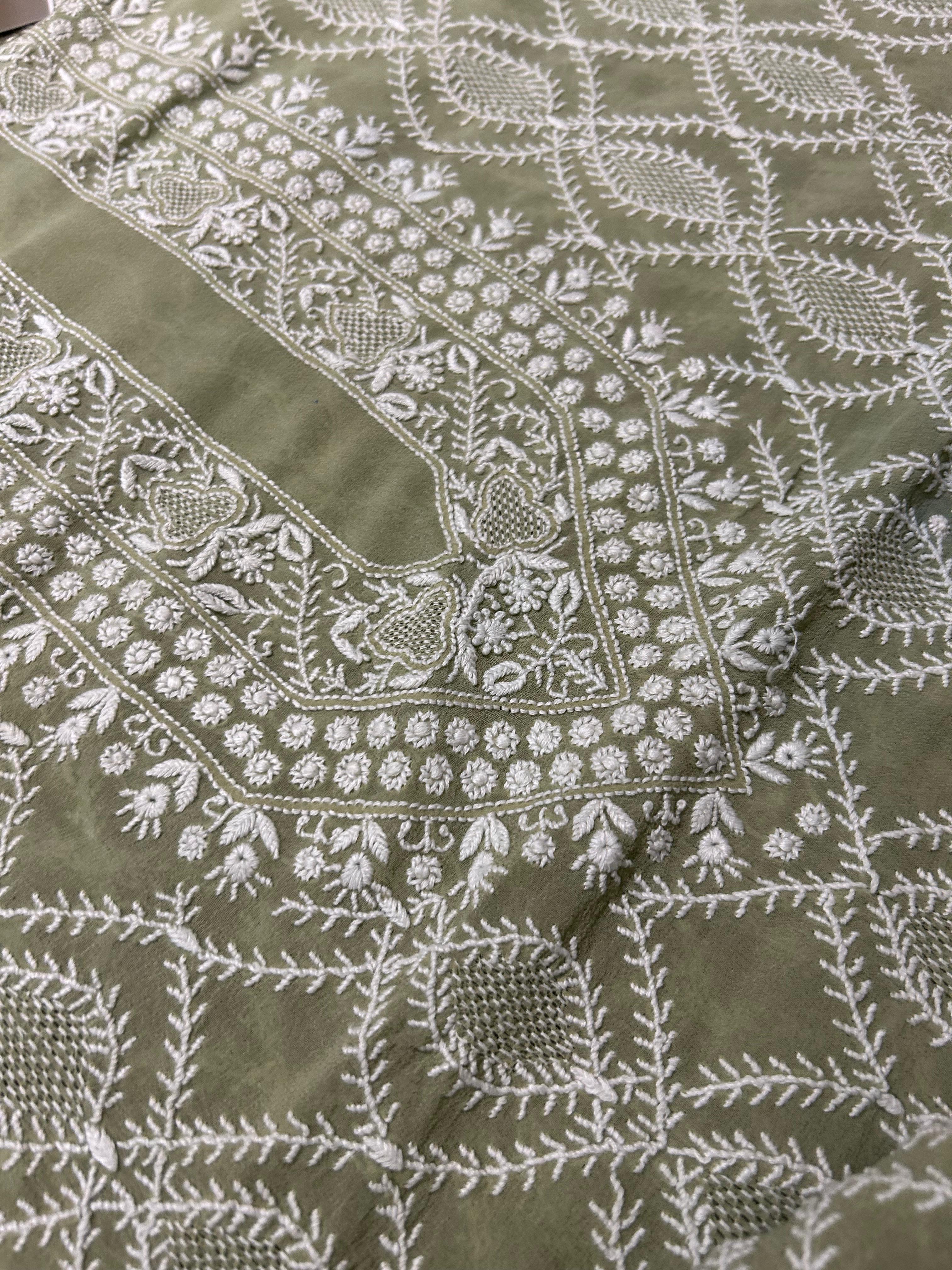 Olive Green Georgette Chikankari Mens Kurta with statement jaali