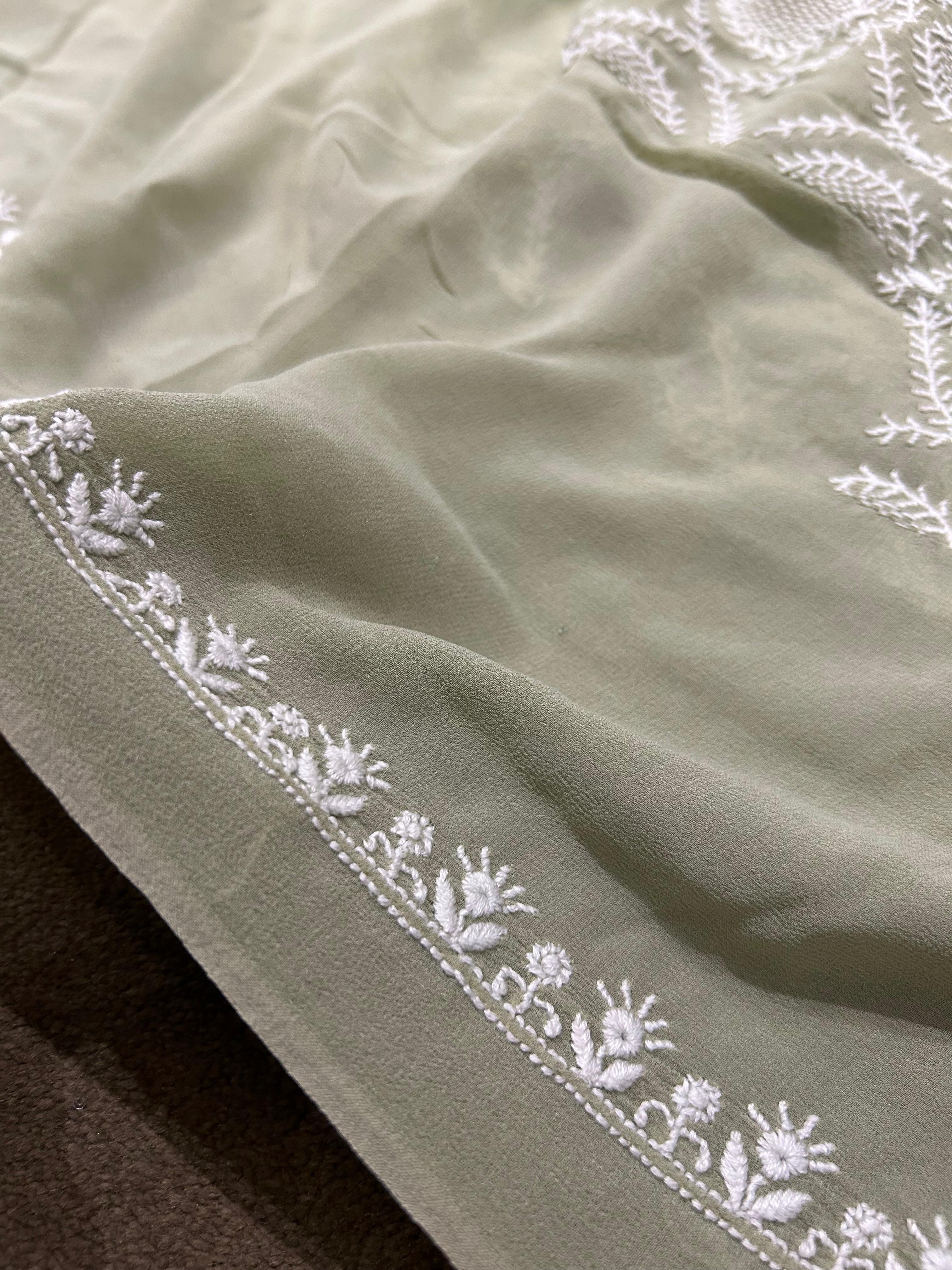 Olive Green Georgette Chikankari Mens Kurta with statement jaali