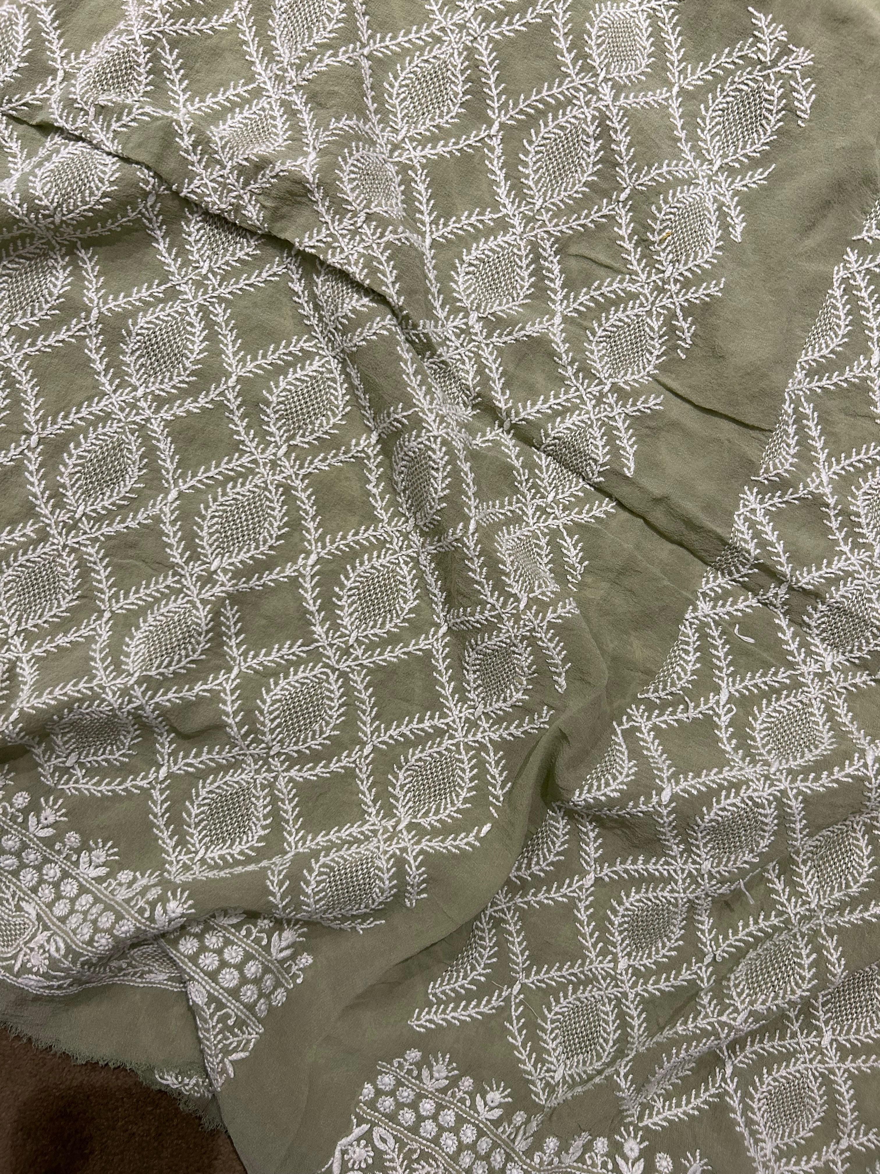 Olive Green Georgette Chikankari Mens Kurta with statement jaali