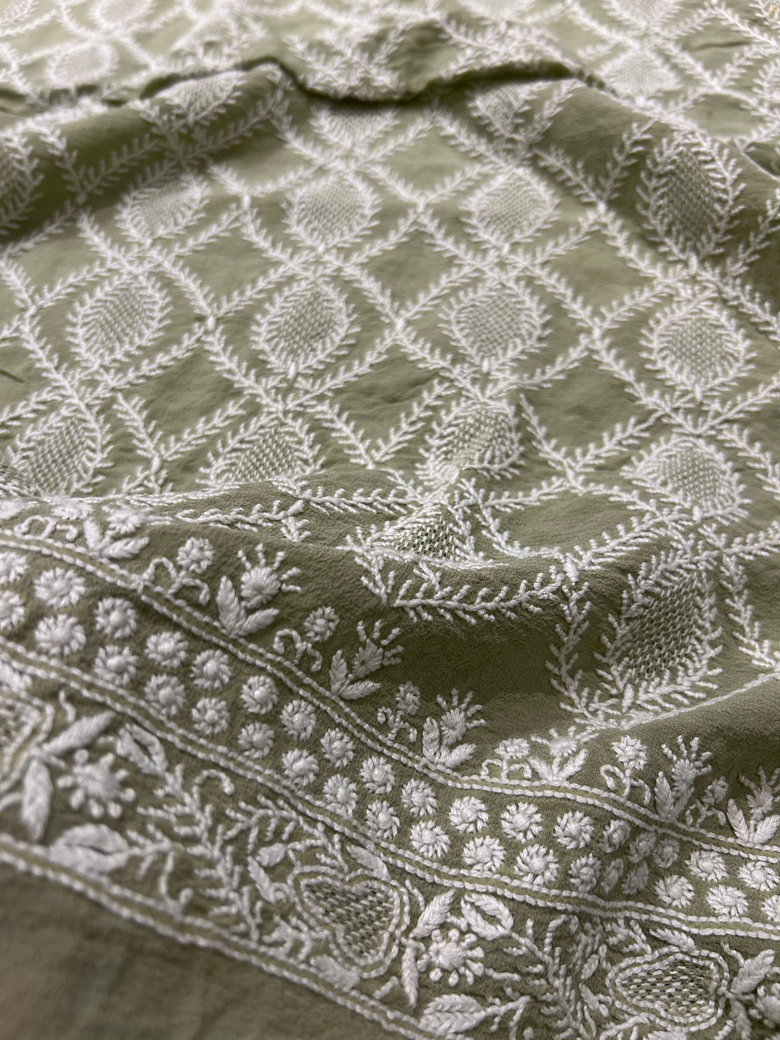 Olive Green Georgette Chikankari Mens Kurta with statement jaali